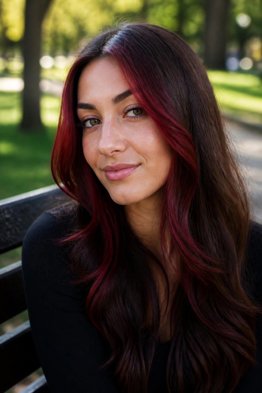 Close-up of a real woman with garnet face-framing ends.