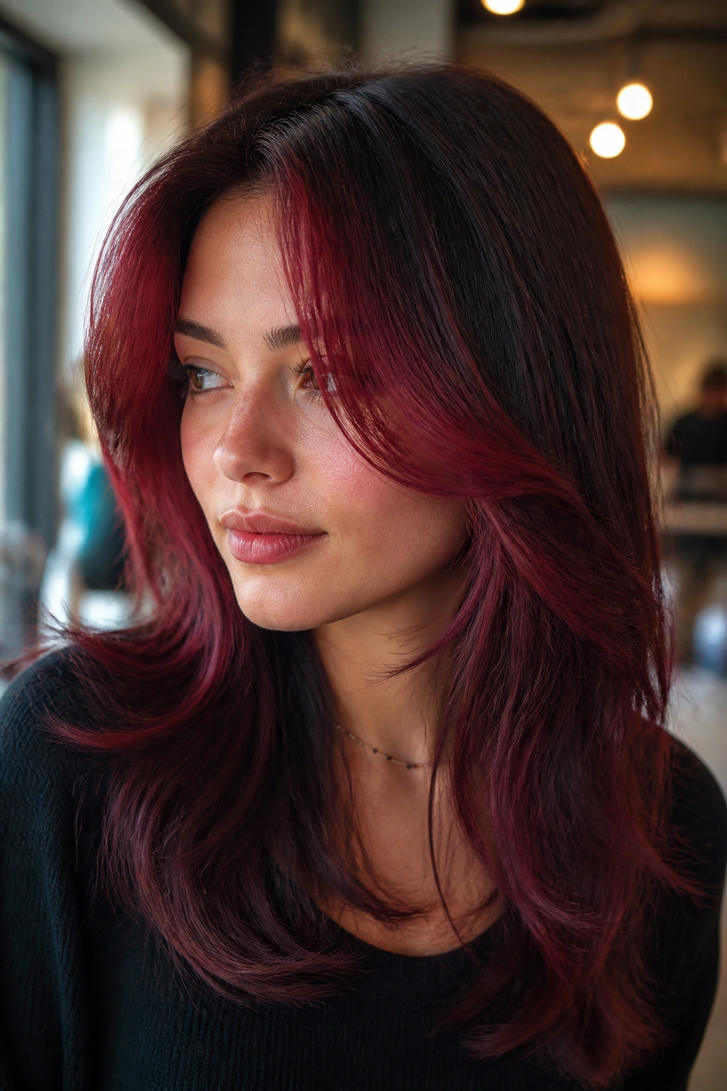 Portrait of woman with garnet face-framing layers around the face.