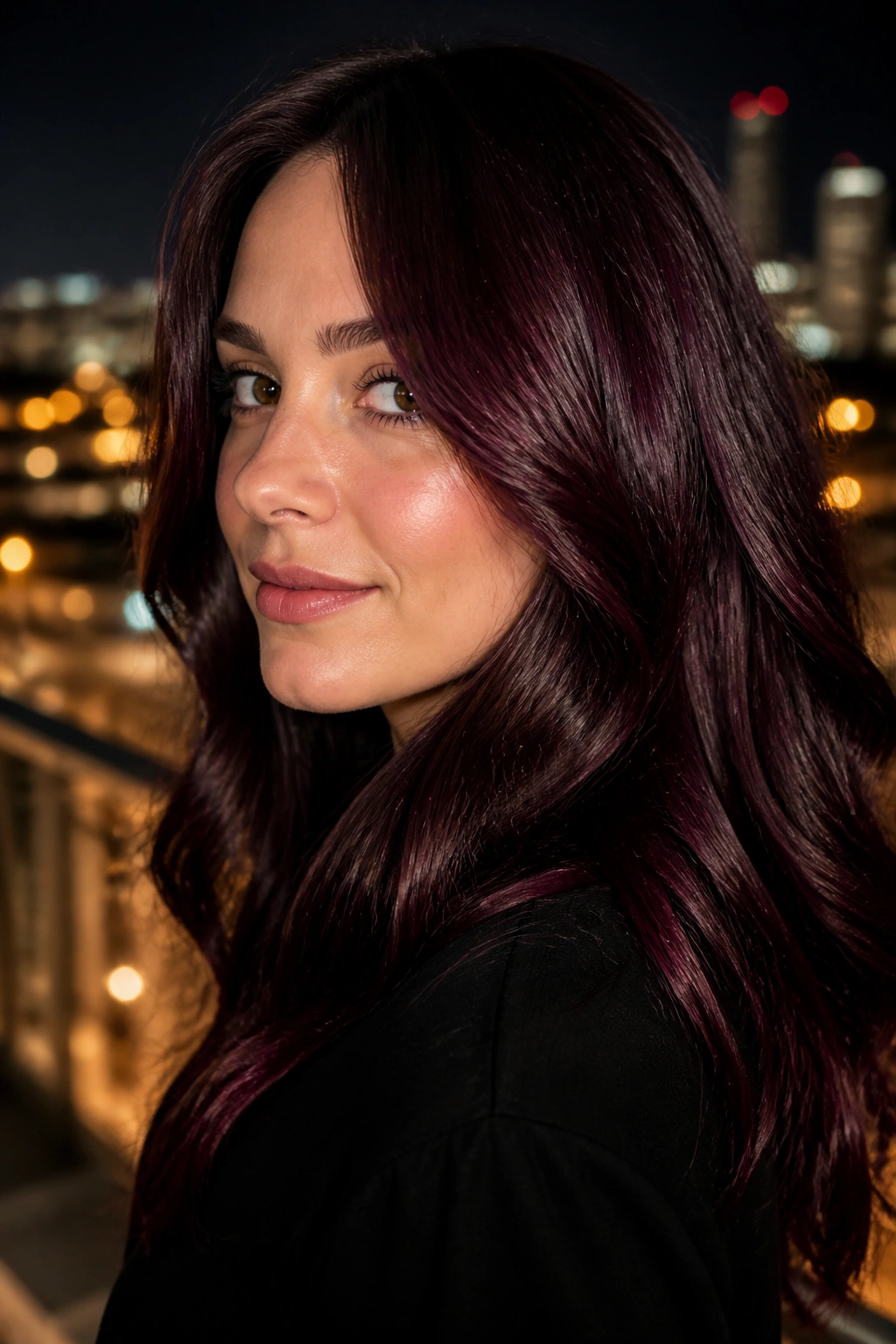 Portrait of a real person with garnet gloss hair under city lights.