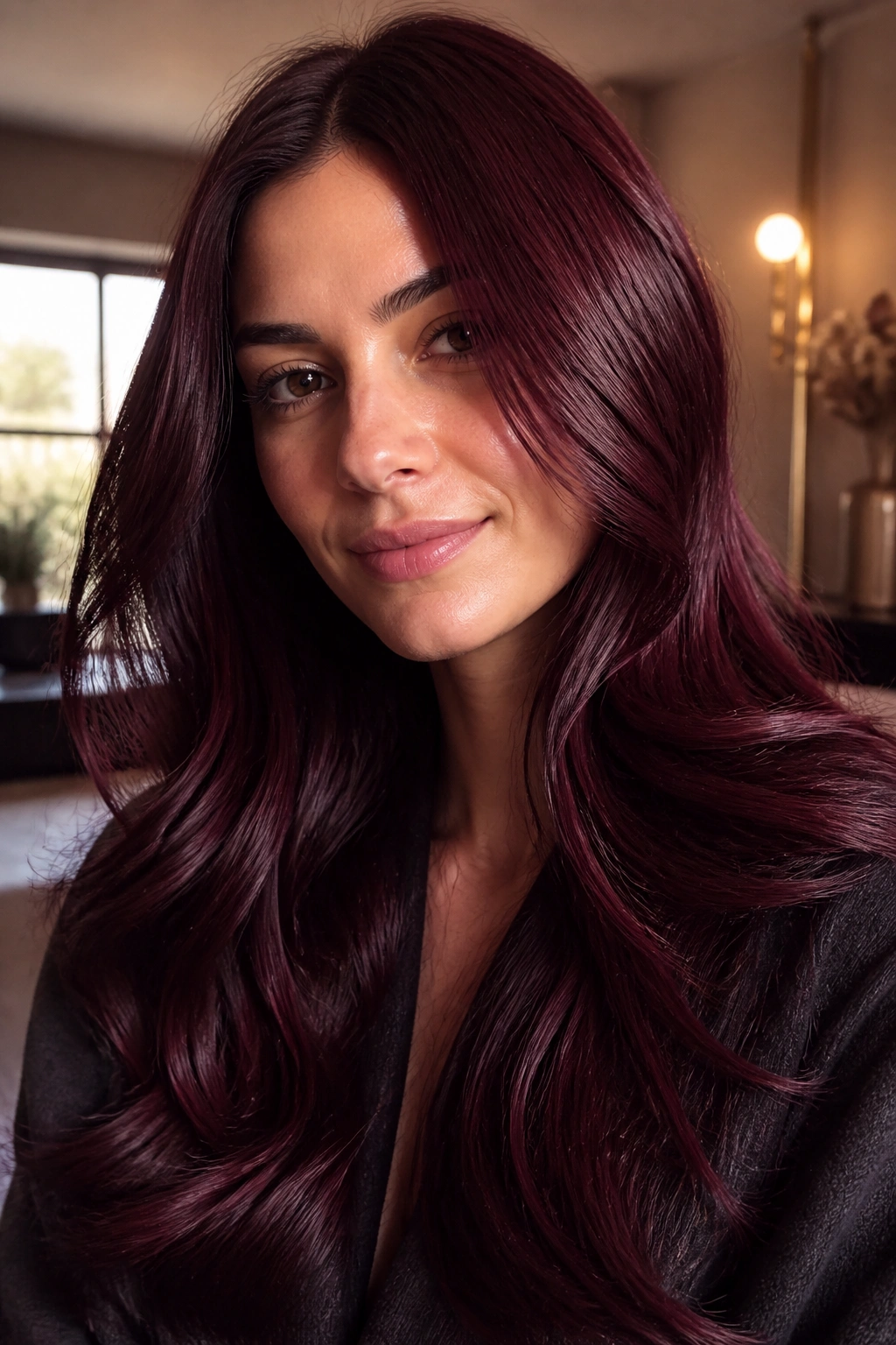 Close-up portrait of a real woman with garnet gloss hair