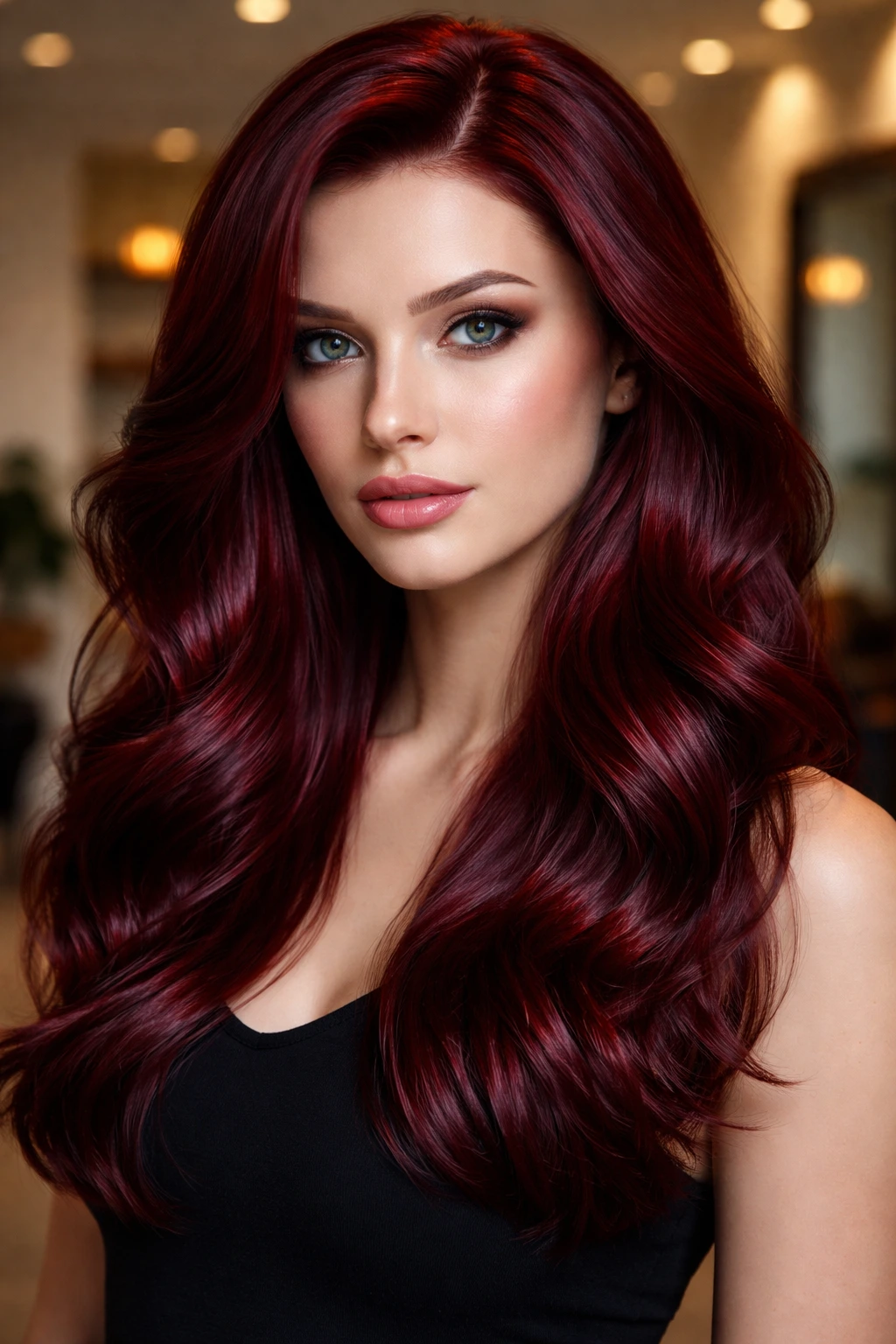 Close-up portrait of garnet hair with jewel-like gloss on a real person in a chic salon.