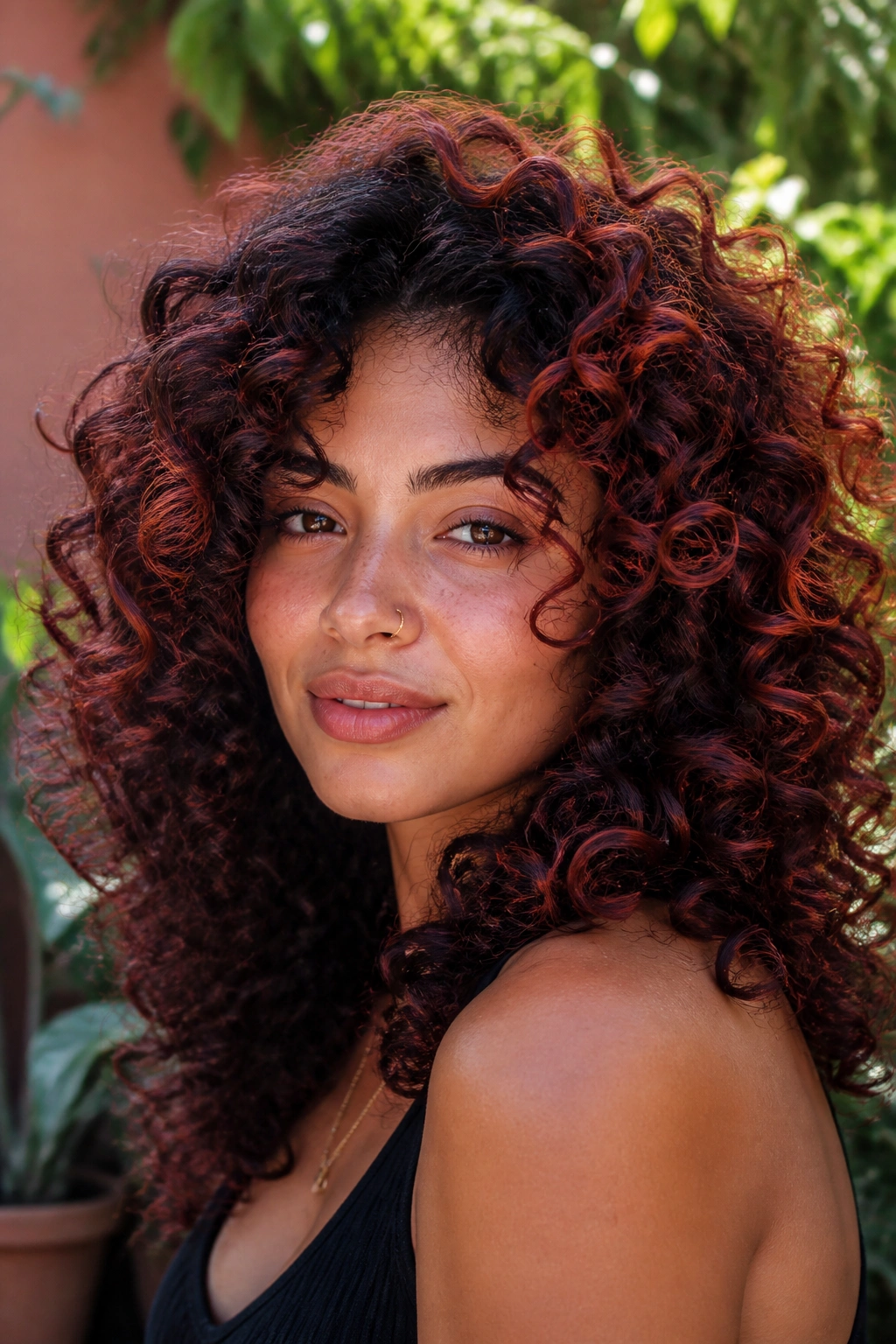 Curly brunette with garnet halo around outer curls in natural light