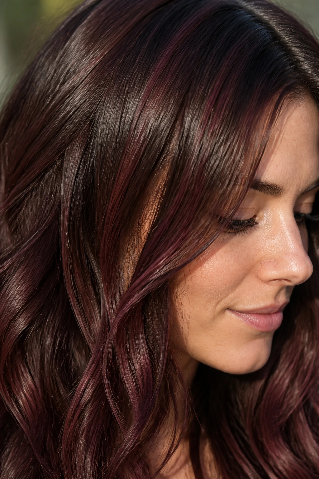 Close-up of brown hair with garnet micro-weaves integrated