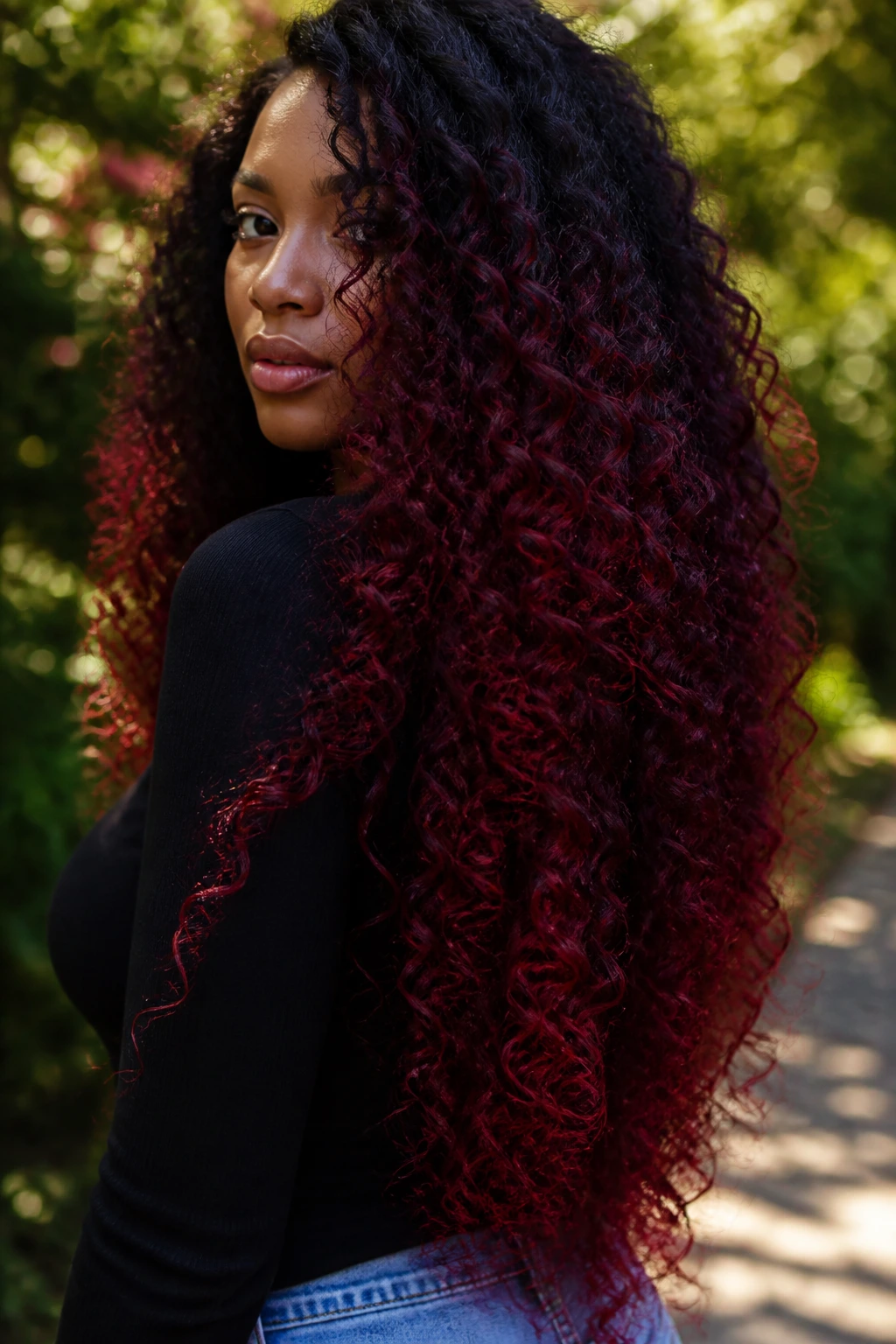 Close-up of waist-length curls in garnet ombre with deep red tones on a real woman