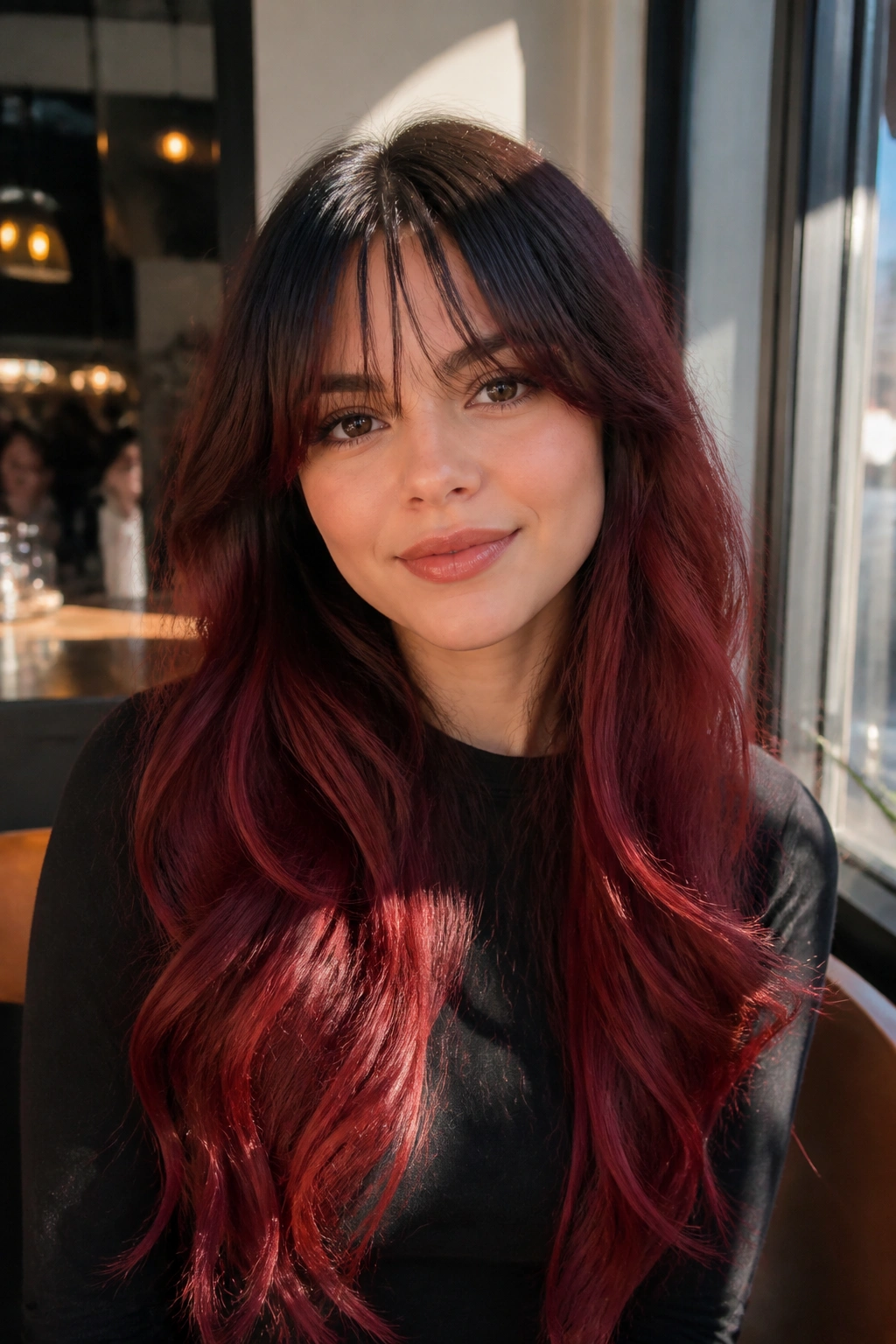 Close-up portrait of a real woman with garnet ombre and airy curtain bangs