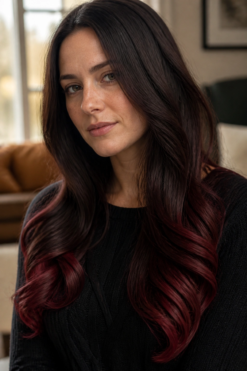 Close-up of garnet-dipped ends on long hair in a real woman portrait