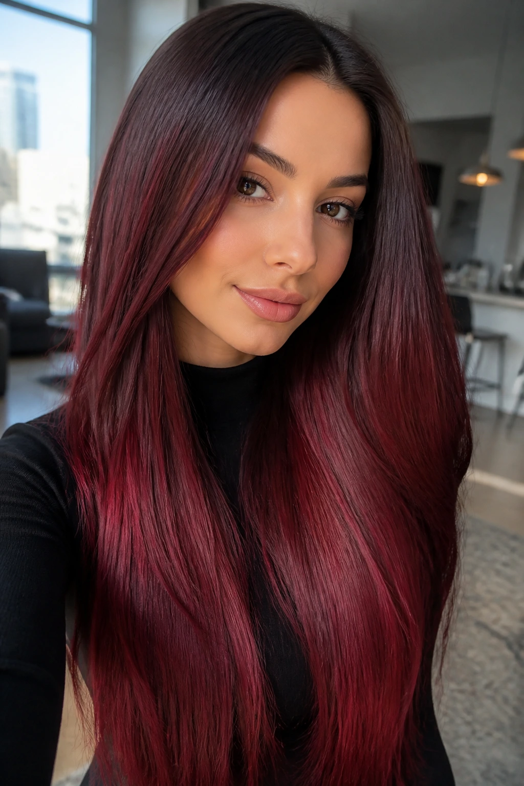 Close-up of a real woman's long straight hair in glossy garnet ombre