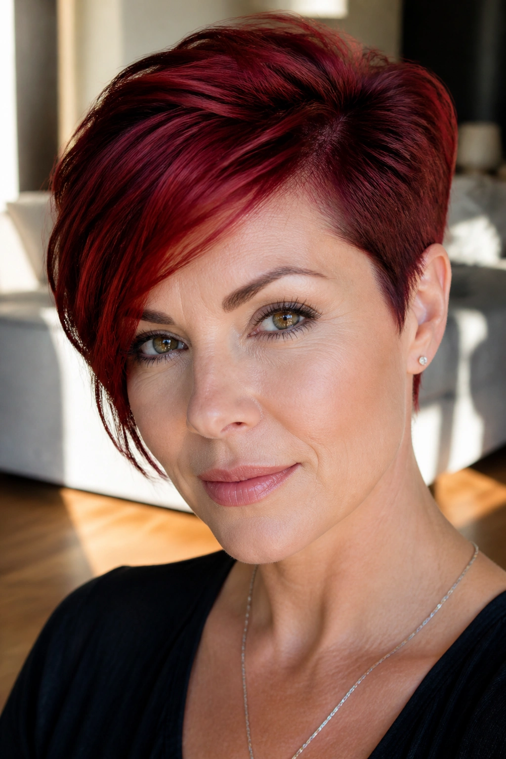 Close-up portrait of a real woman with Garnet Asymmetrical Pixie with Deep Part