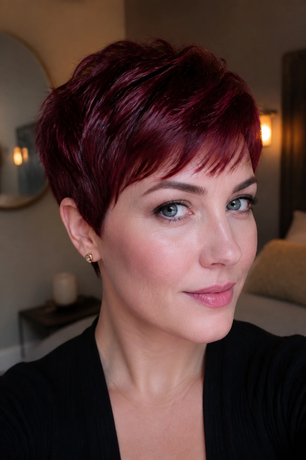 Close-up of a woman with garnet pixie hairstyle and glossy finish