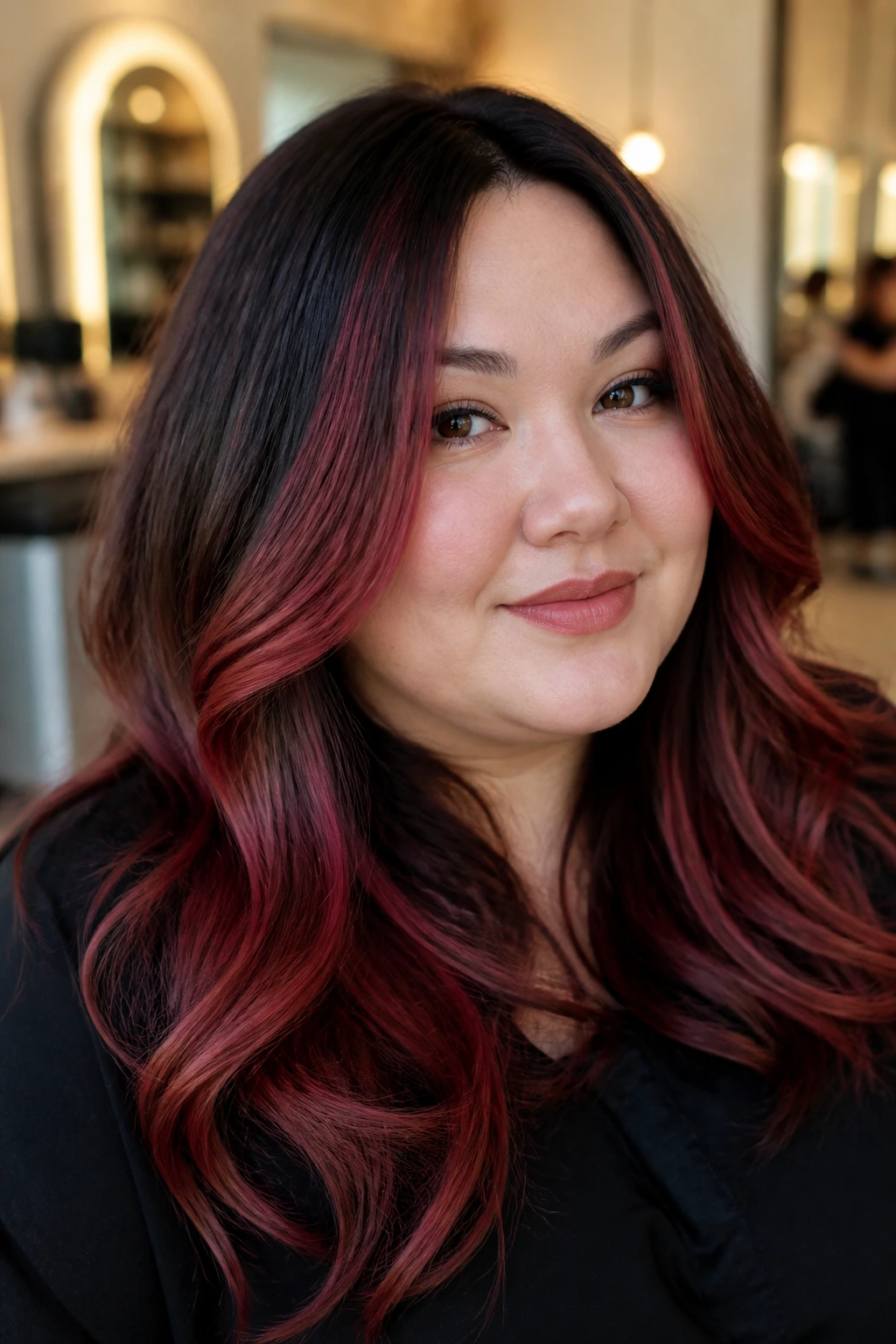 Close-up portrait of a real woman with garnet reverse balayage panels and dark roots in a salon setting.