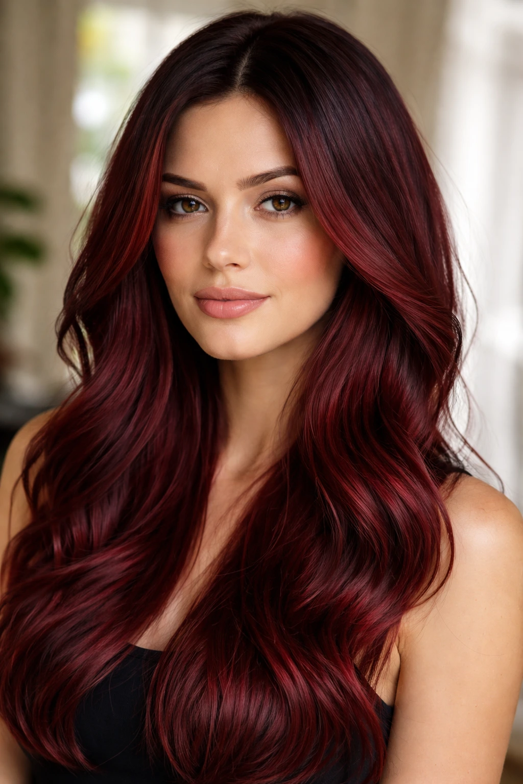 Portrait of a woman with garnet hair and darker shadow roots with glossy ends
