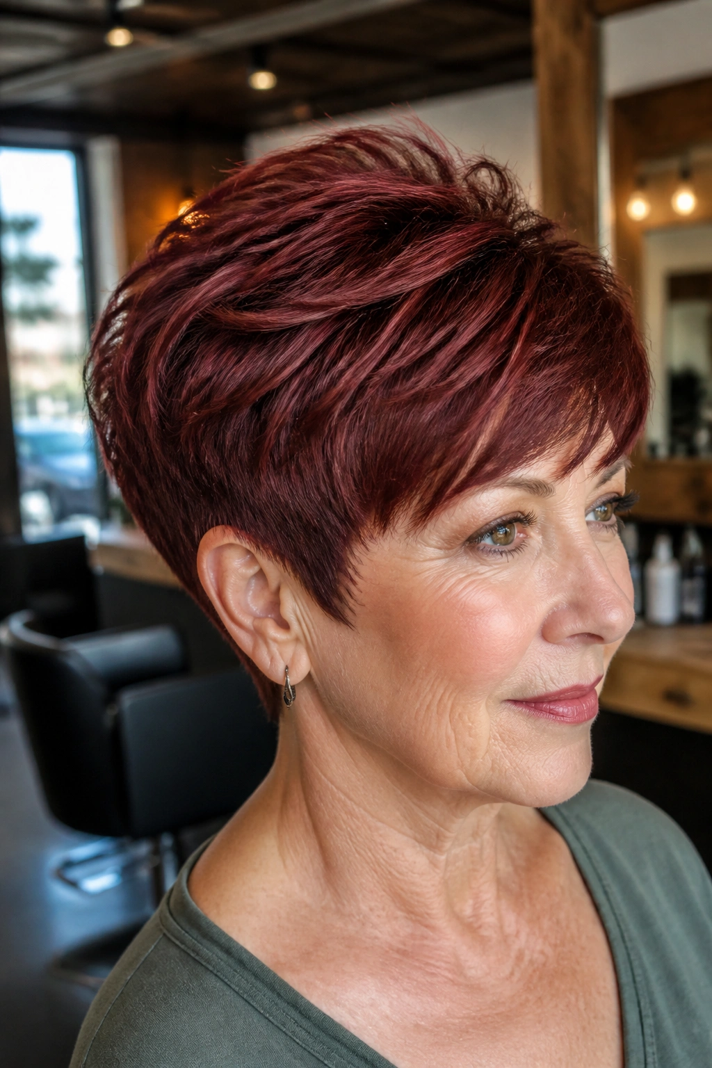 Close-up portrait of real person with garnet tapered crop, glossy short hairstyle