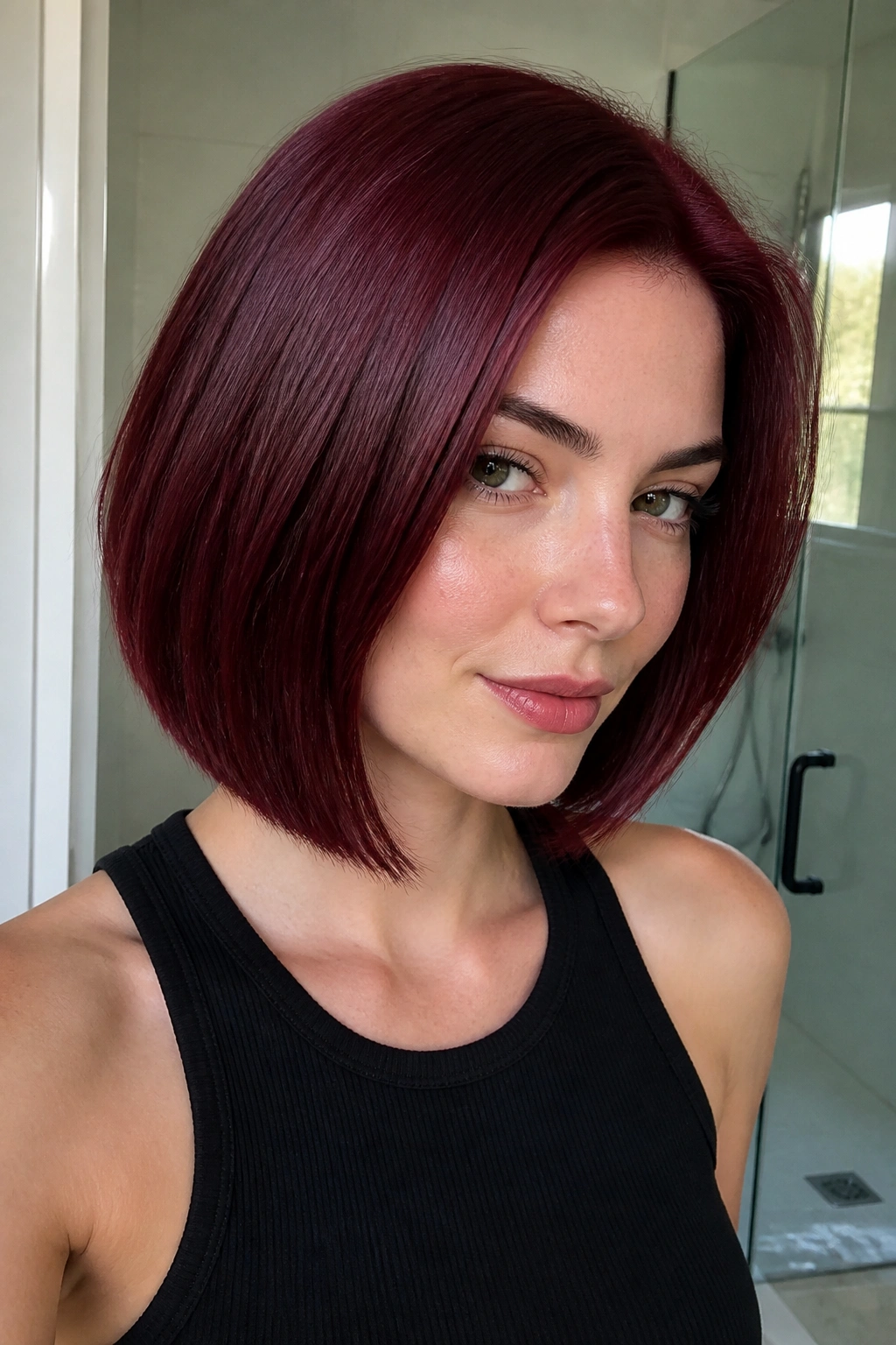 Close-up portrait of Garnet Velvet Bob hair with deep garnet red and blue undertones.