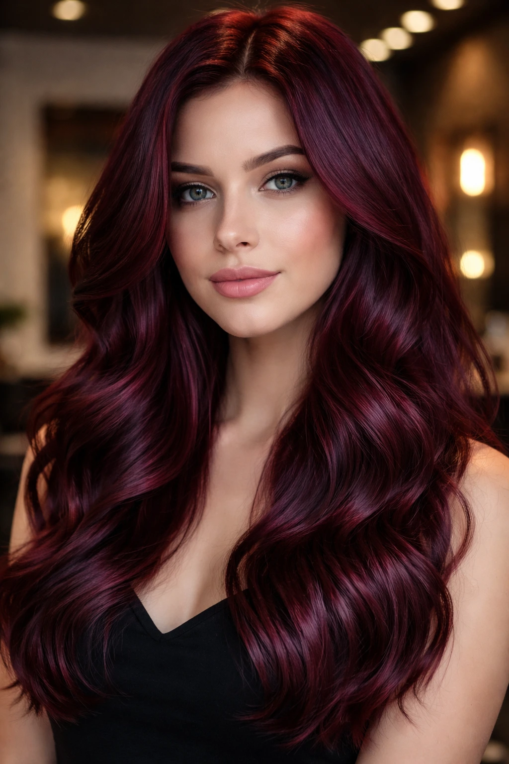Close-up portrait of a real woman with garnet velvet hair under warm salon lighting