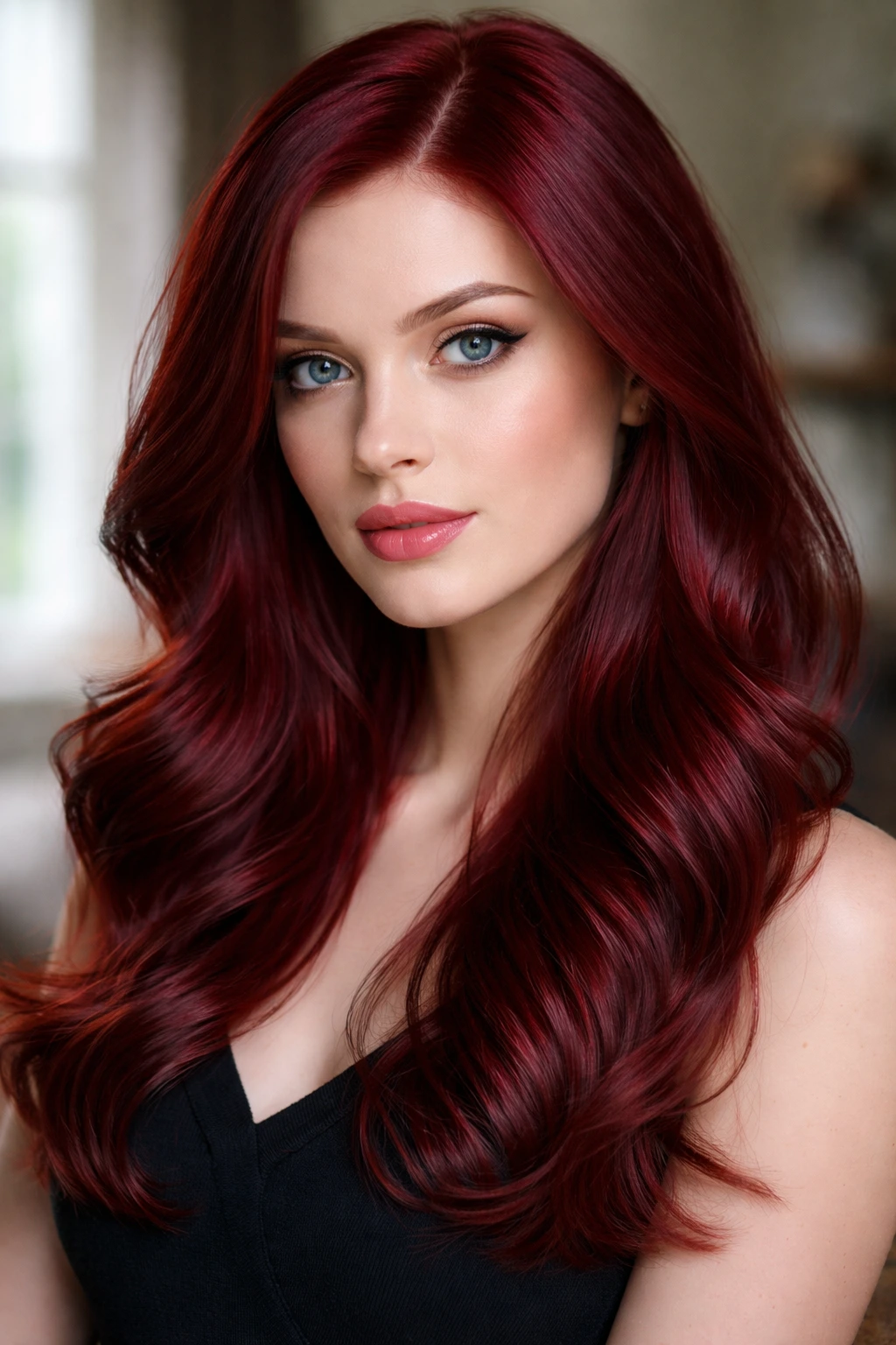 Close-up of garnet velvet red hair on cool skin.