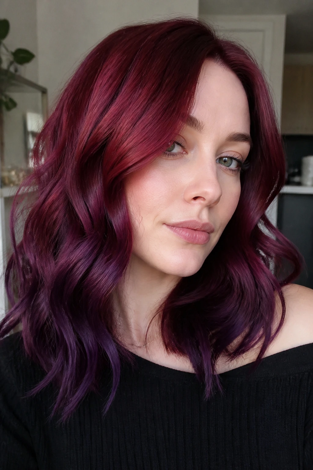 Real person with garnet violet melt hair against natural light