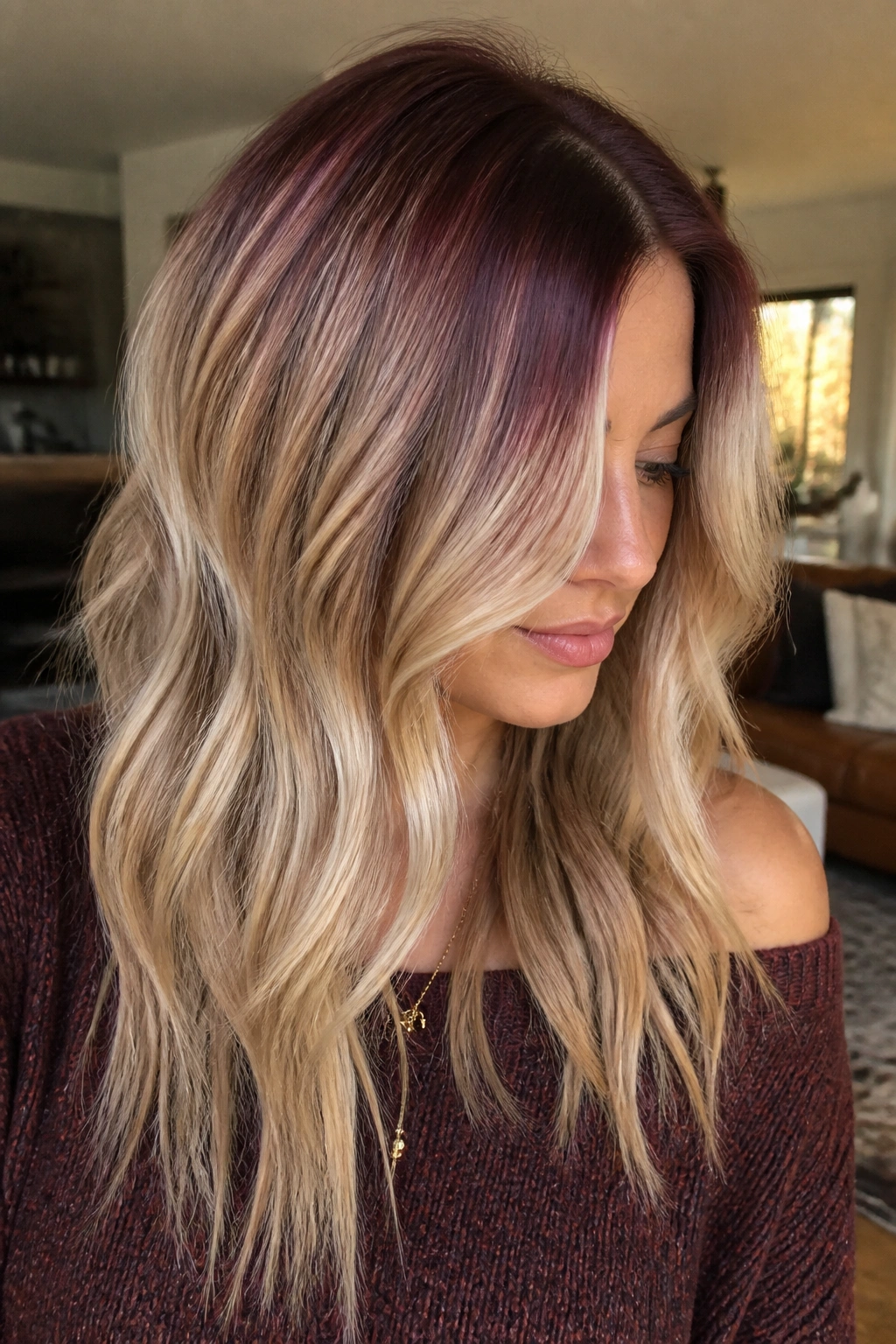 Close-up portrait of a real woman with garnet wine red on beige blonde, root shadow anchors color.