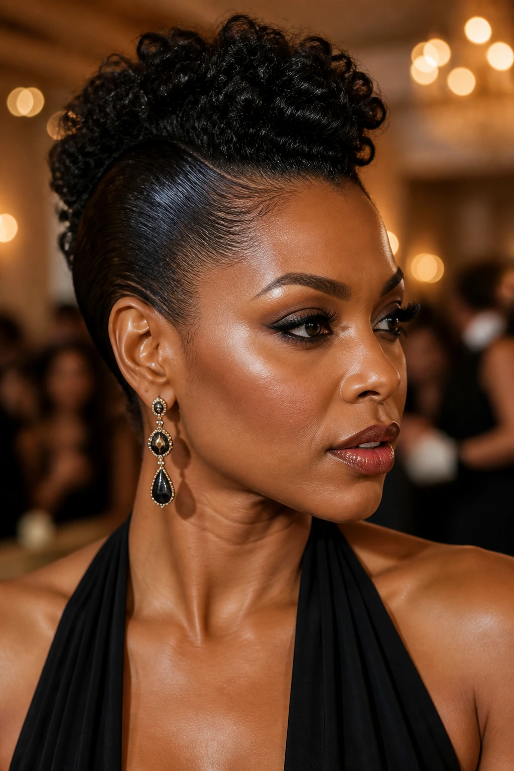 Close-up of a real woman's gel-back Mohawk with a wet-look style