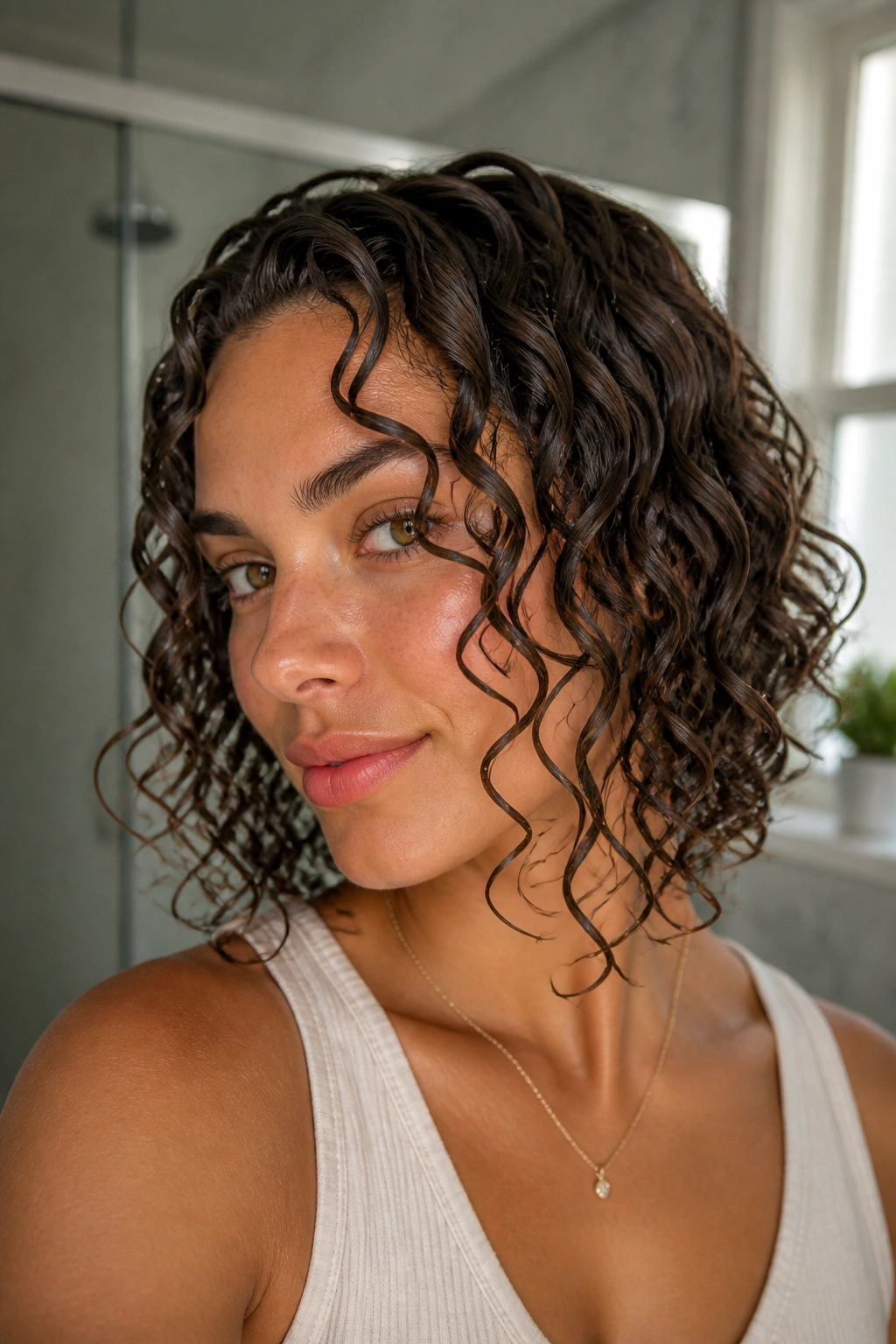Close-up portrait of a real woman with gel-cast curls forming a defined shell in natural bathroom light