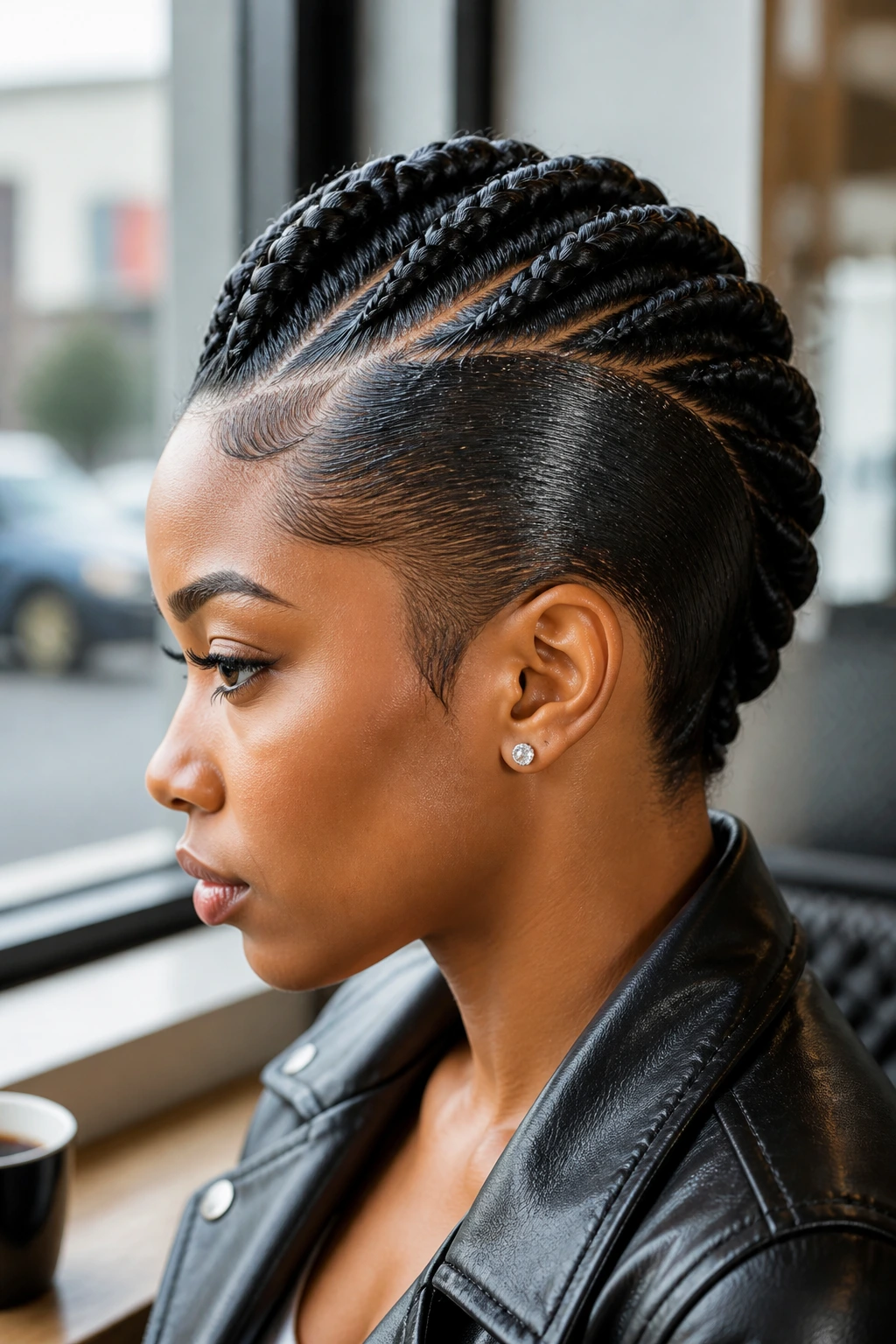 Portrait of real person with sleek gel-down Mohawk in cafe light