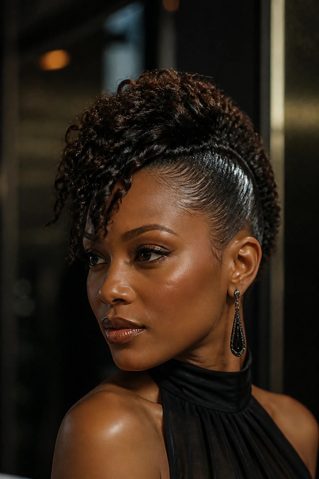 Close-up of a woman with a glossy gel-down mohawk in a moody hallway