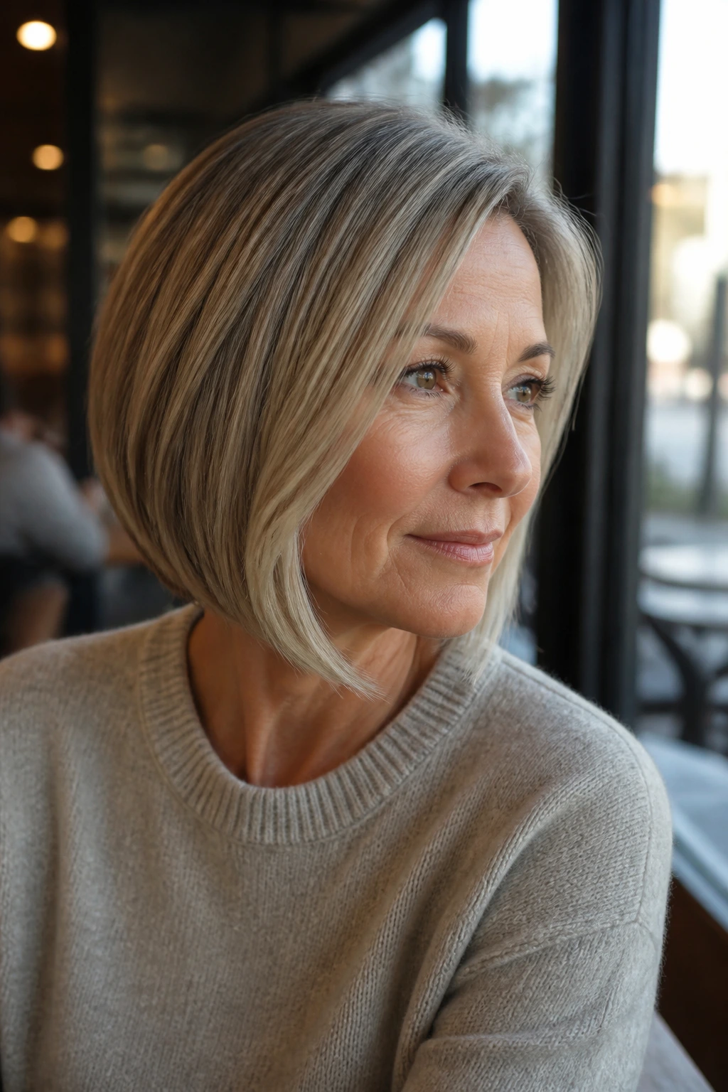 Real woman with gentle A-line graduated bob in cafe light