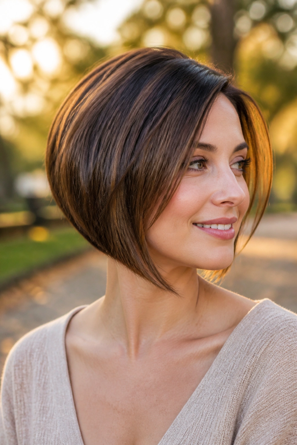 Real woman with gentle inverted bob in park during golden hour