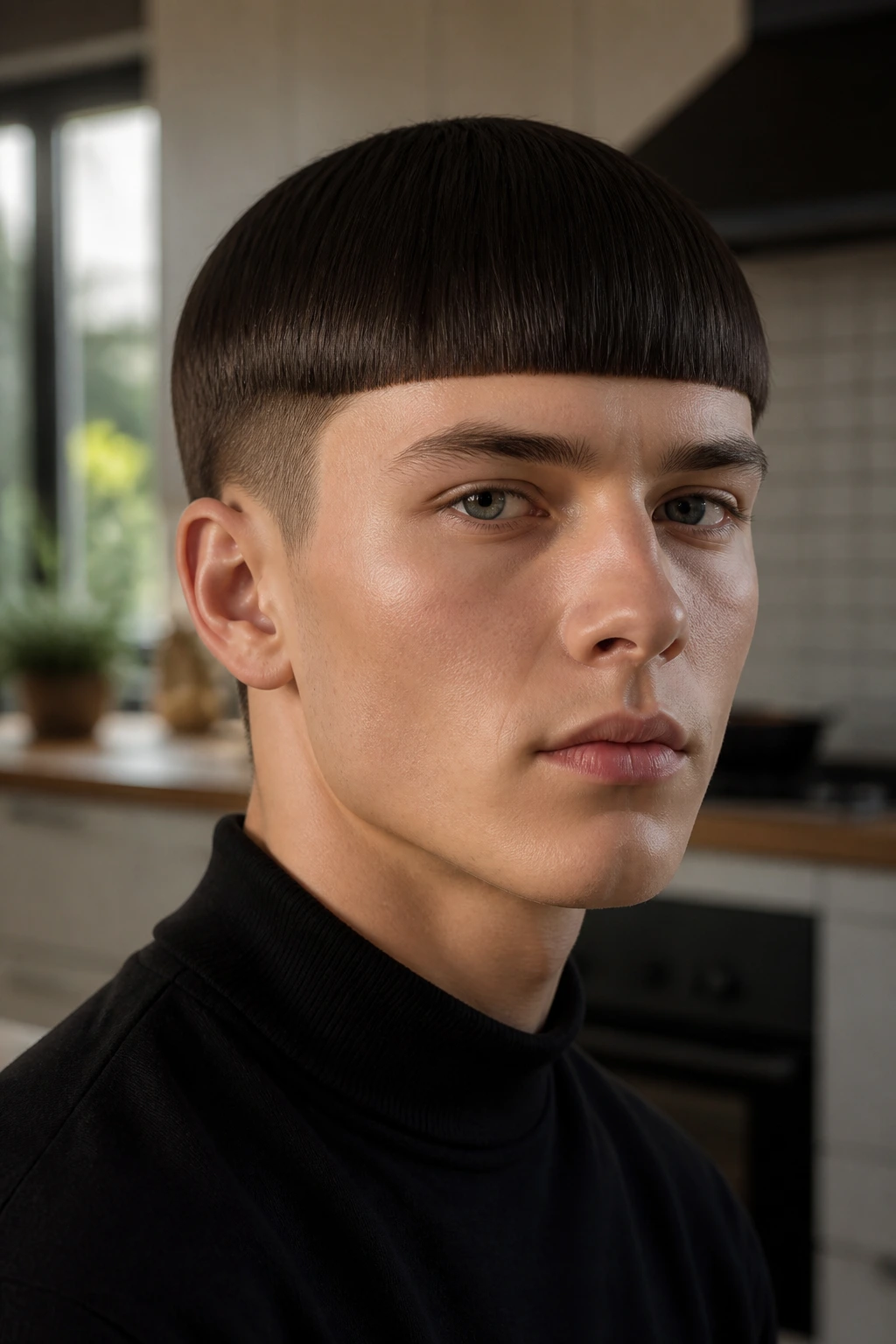 Close-up portrait of a real person with a geometric precision bowl cut showing straight edges and symmetrical silhouette