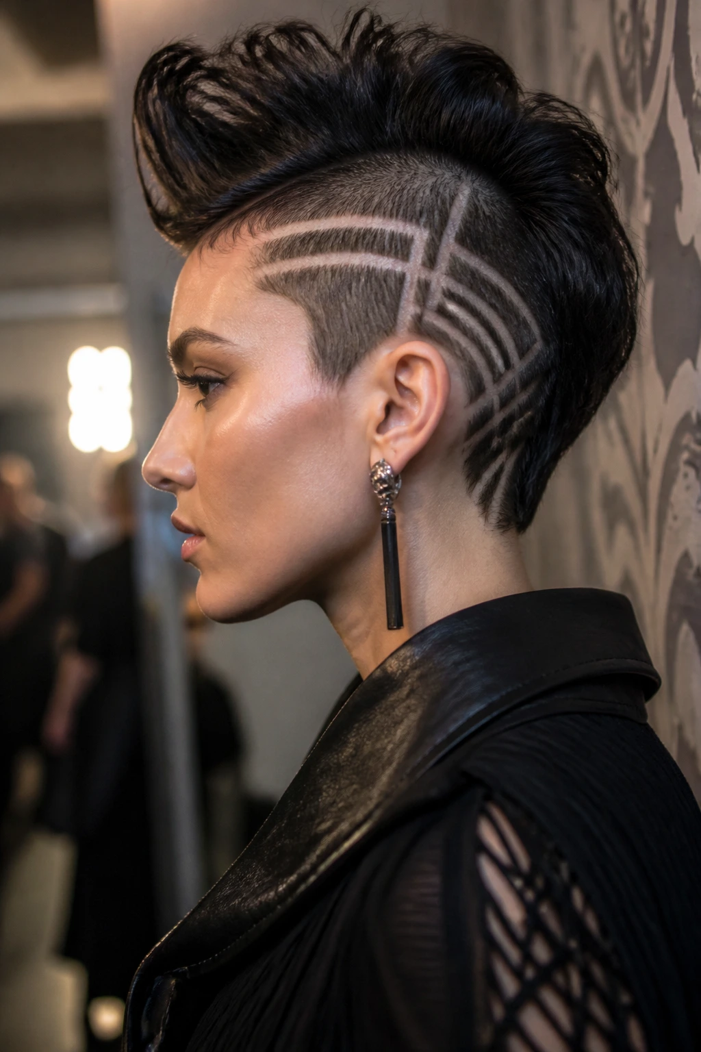 Portrait of real person with geometric fade Mohawk backstage