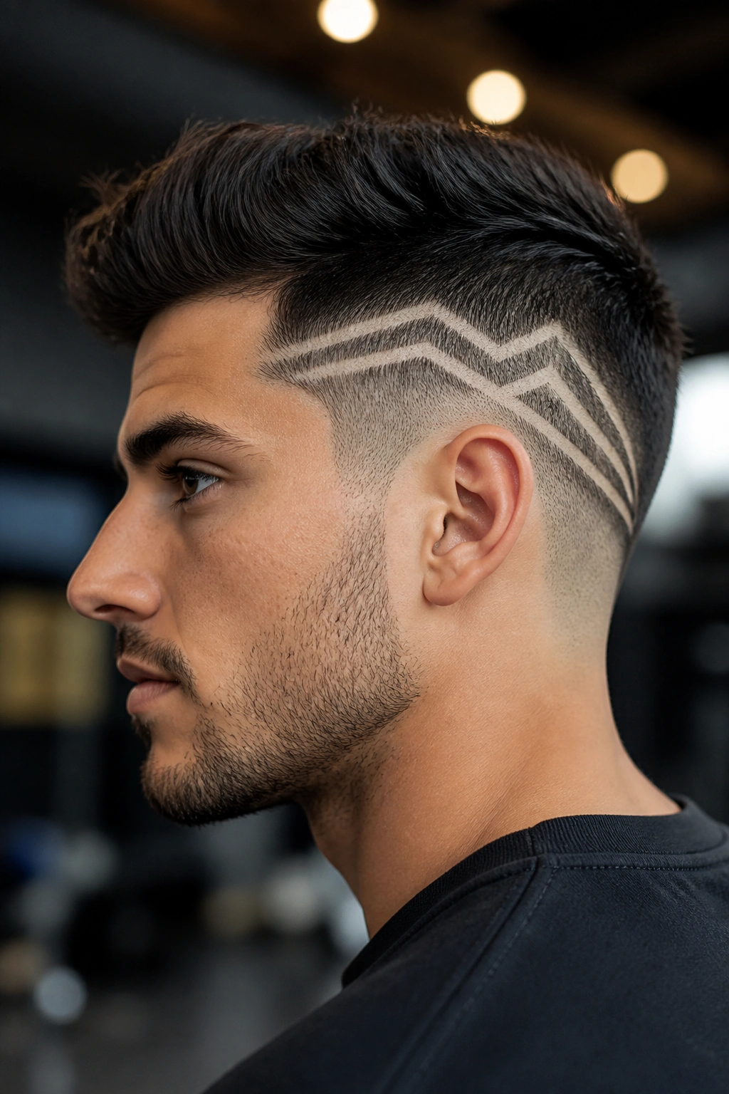 Side view of a real person with geometric shaved lines on the temple/side panel