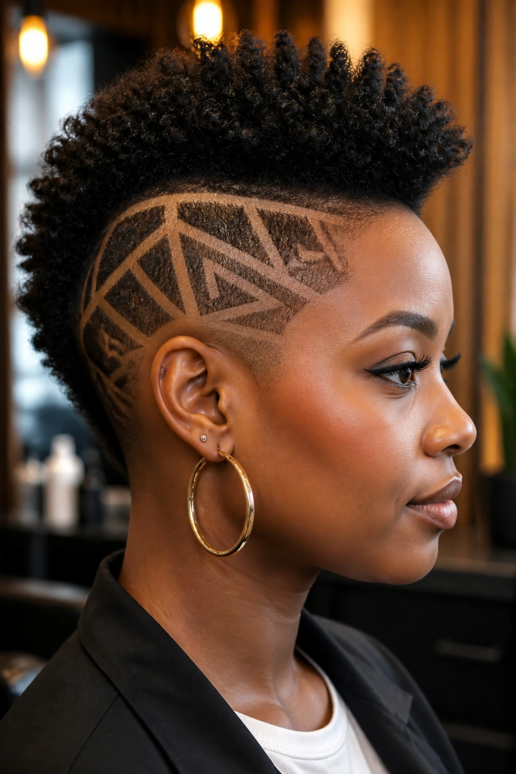 Close-up portrait of a real person with a Mohawk featuring geometric shaved lines on the side