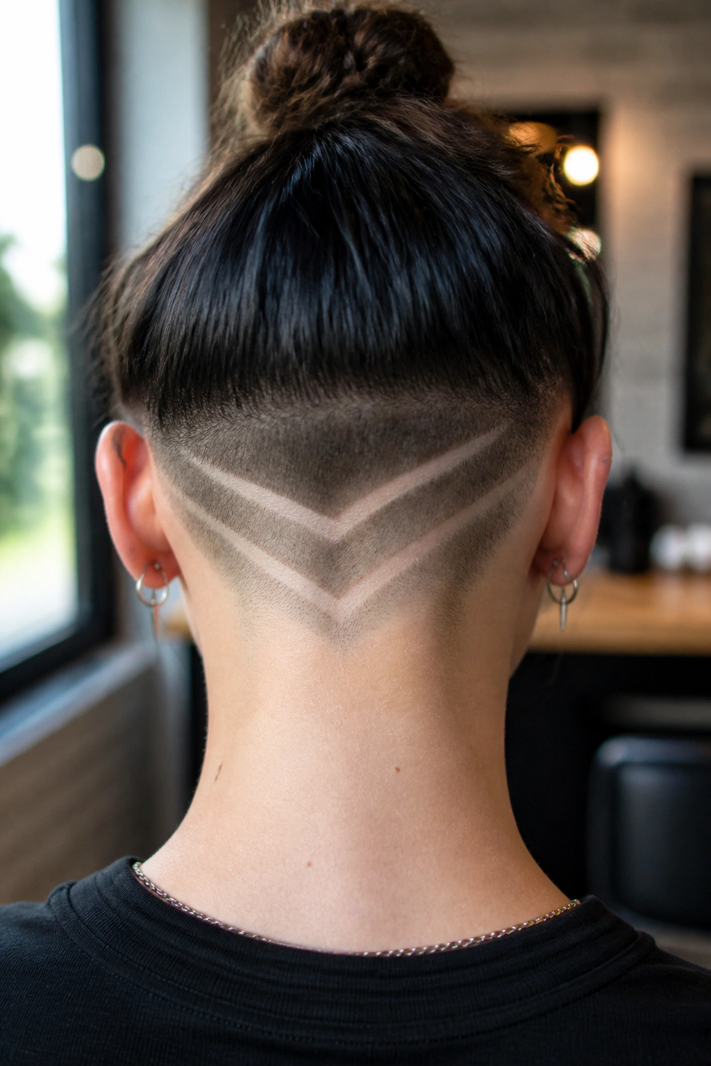 Back-of-head close-up showing geometric shaved lines at the nape.