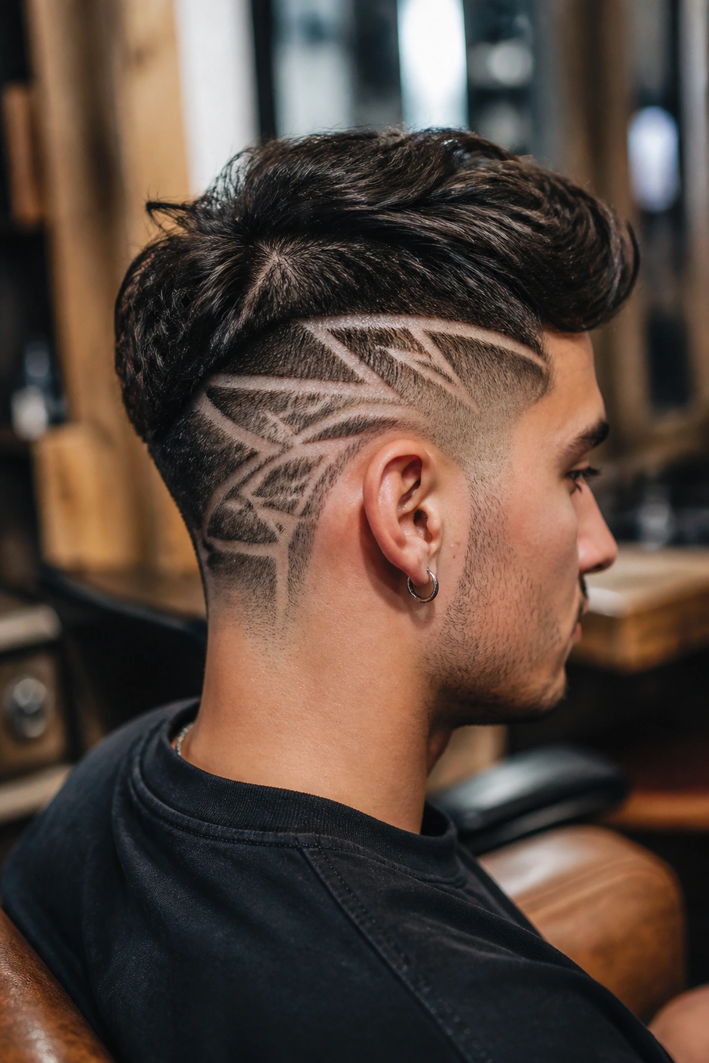 Close-up portrait of a real person with geometric pattern undercut showing shaved lines on the side in a barbershop setting.