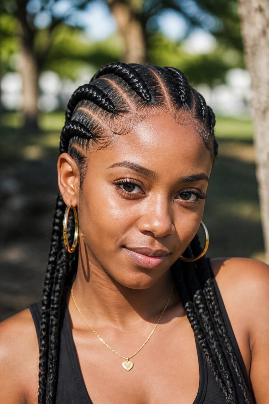 Real woman with thick Ghana braids in a sunlit park