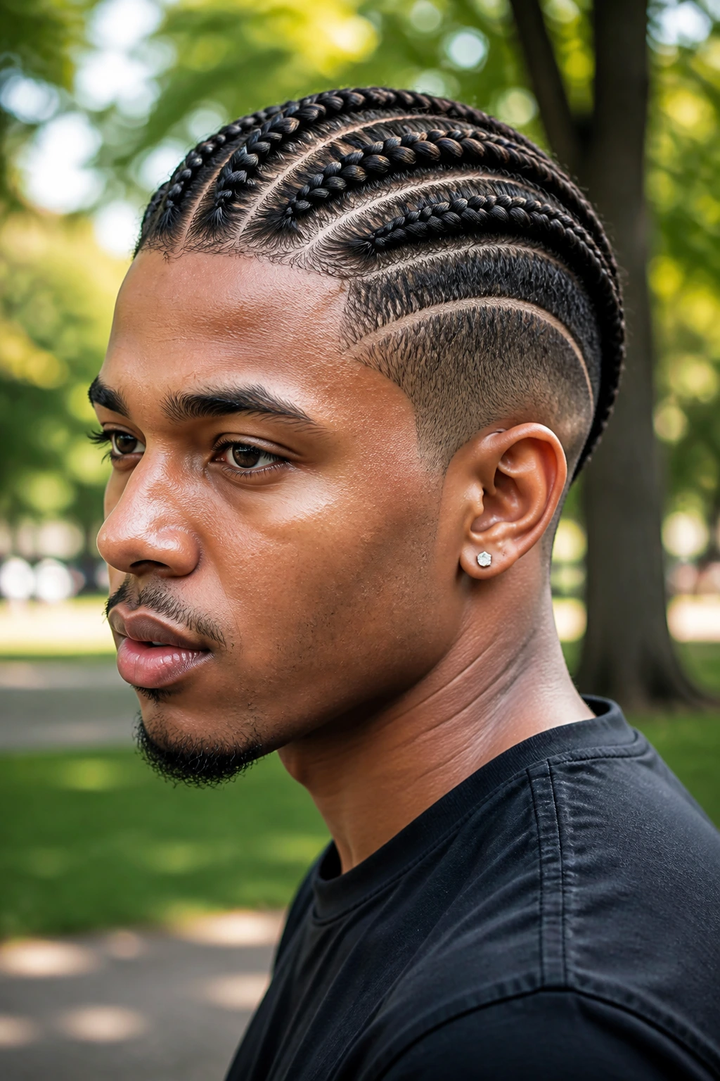 Portrait of a real person with Ghana braids and a curved side shave