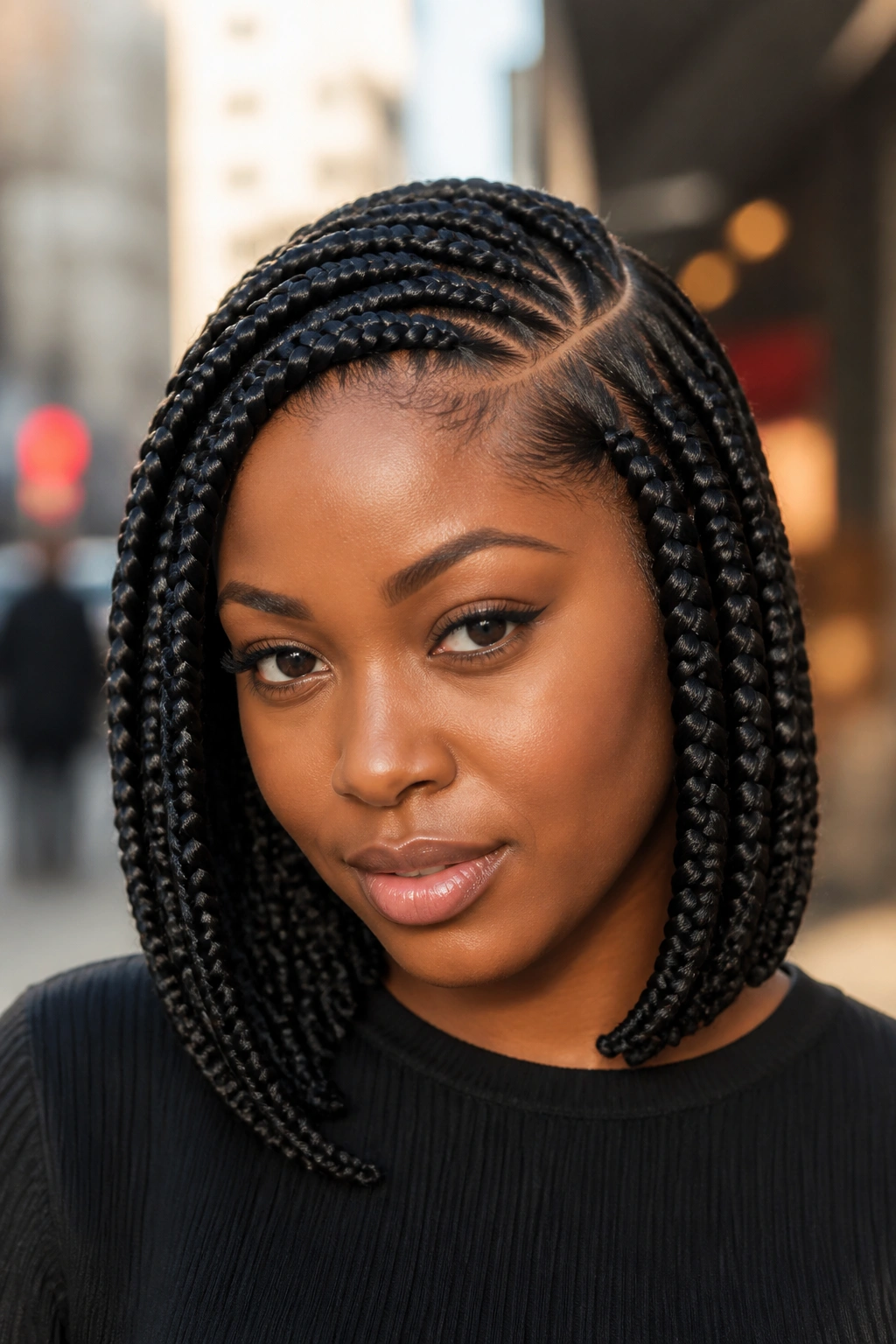 Close-up of a real person with short Ghana braids and a deep side part in an urban setting