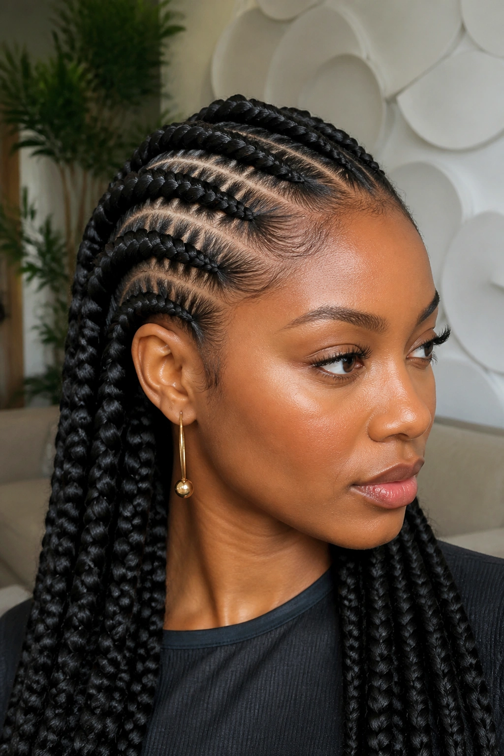 Close-up of a real woman with Ghana braids building along the scalp indoors