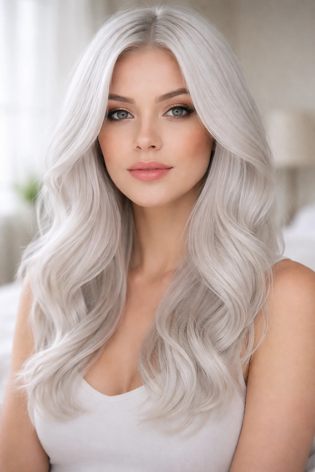 Close-up of a person with ghostly white-grey hair in a softly lit room