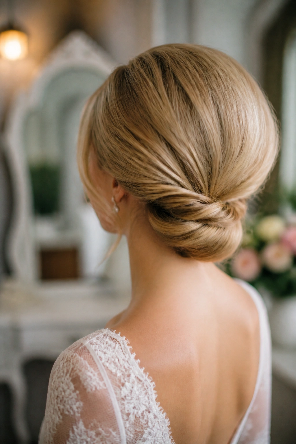 Gibson tuck-inspired chignon with a low nape roll on a real bride