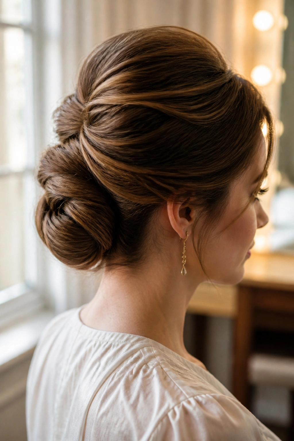 Close-up portrait of a real person with Gibson tuck and crown volume.