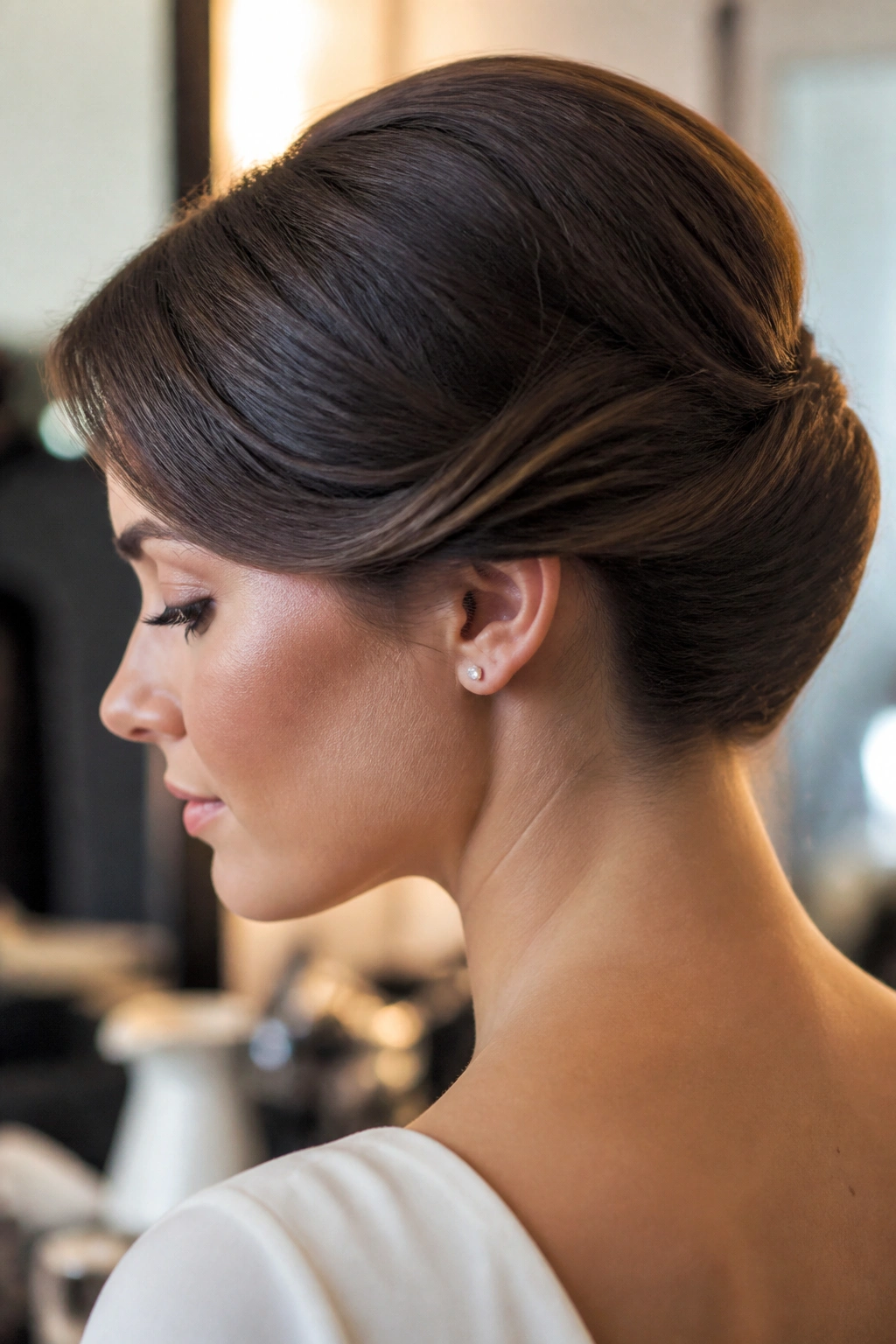 Close-up of a real woman with a Gibson tuck hairstyle
