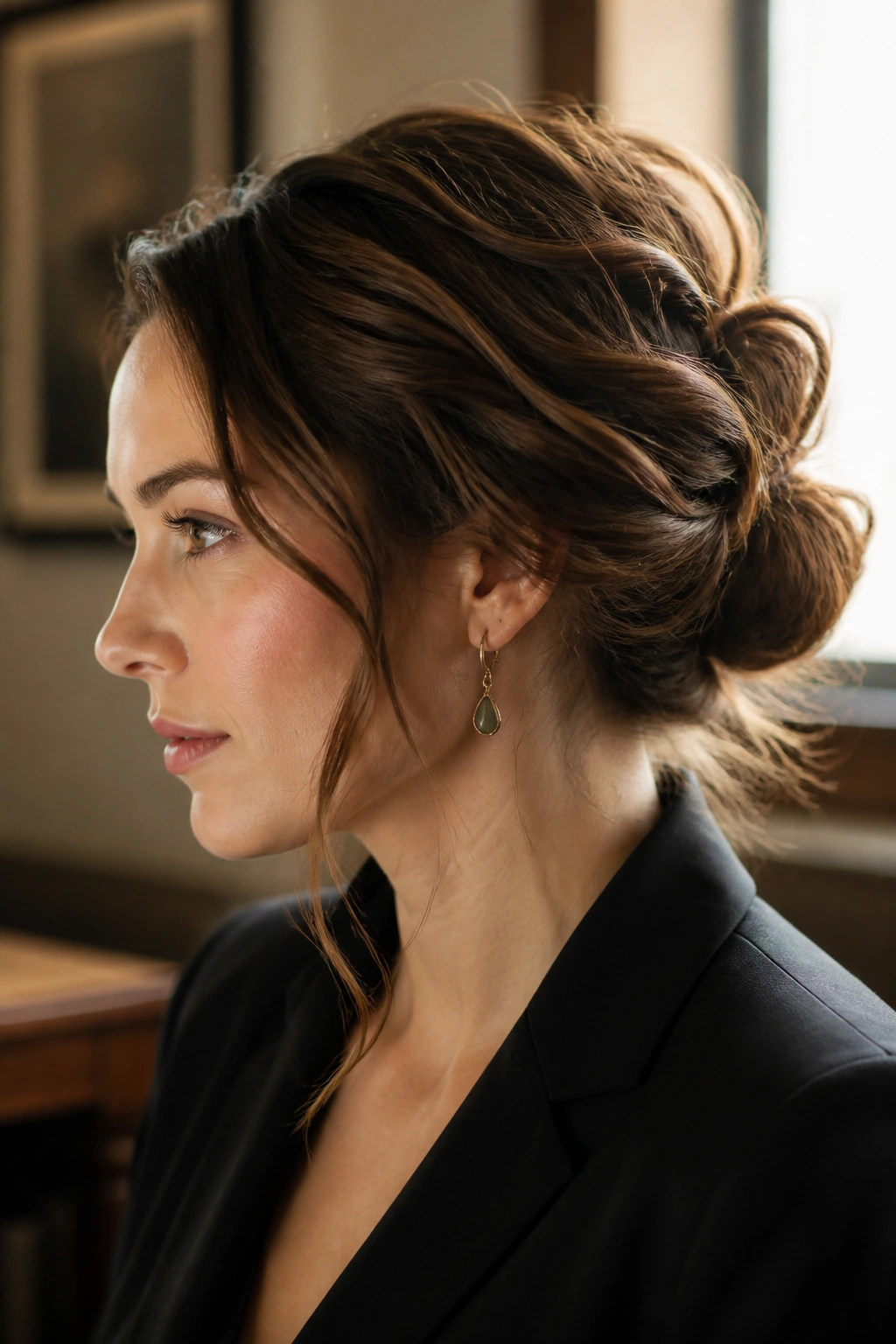 Close-up of a real woman showing a Gibson tuck hairstyle.