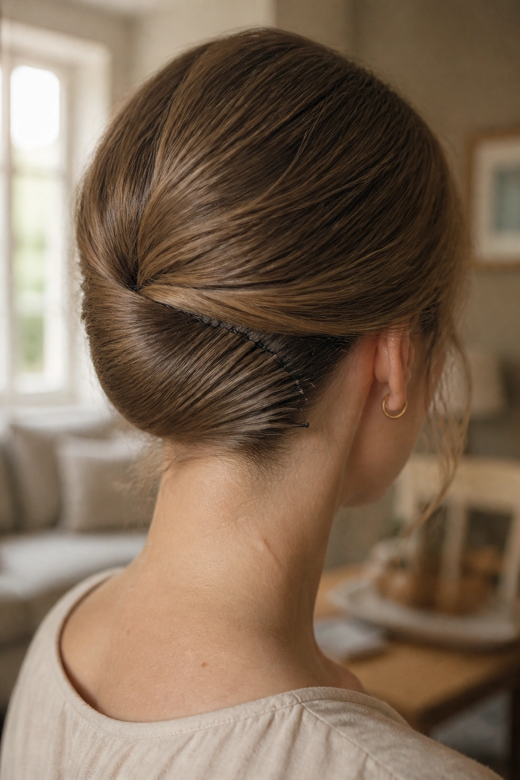 Back view close-up of a Gibson tuck at the nape with ends tucked under on a real woman