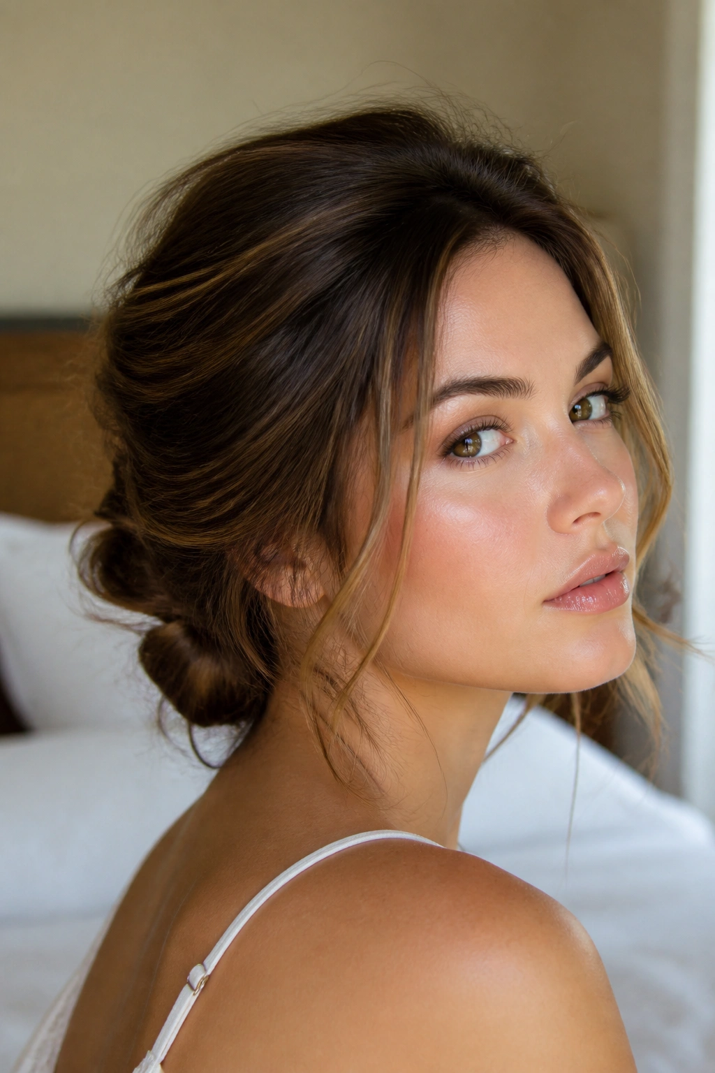 Close-up of messy Gibson tuck at the neck on a real woman, warm bedroom light
