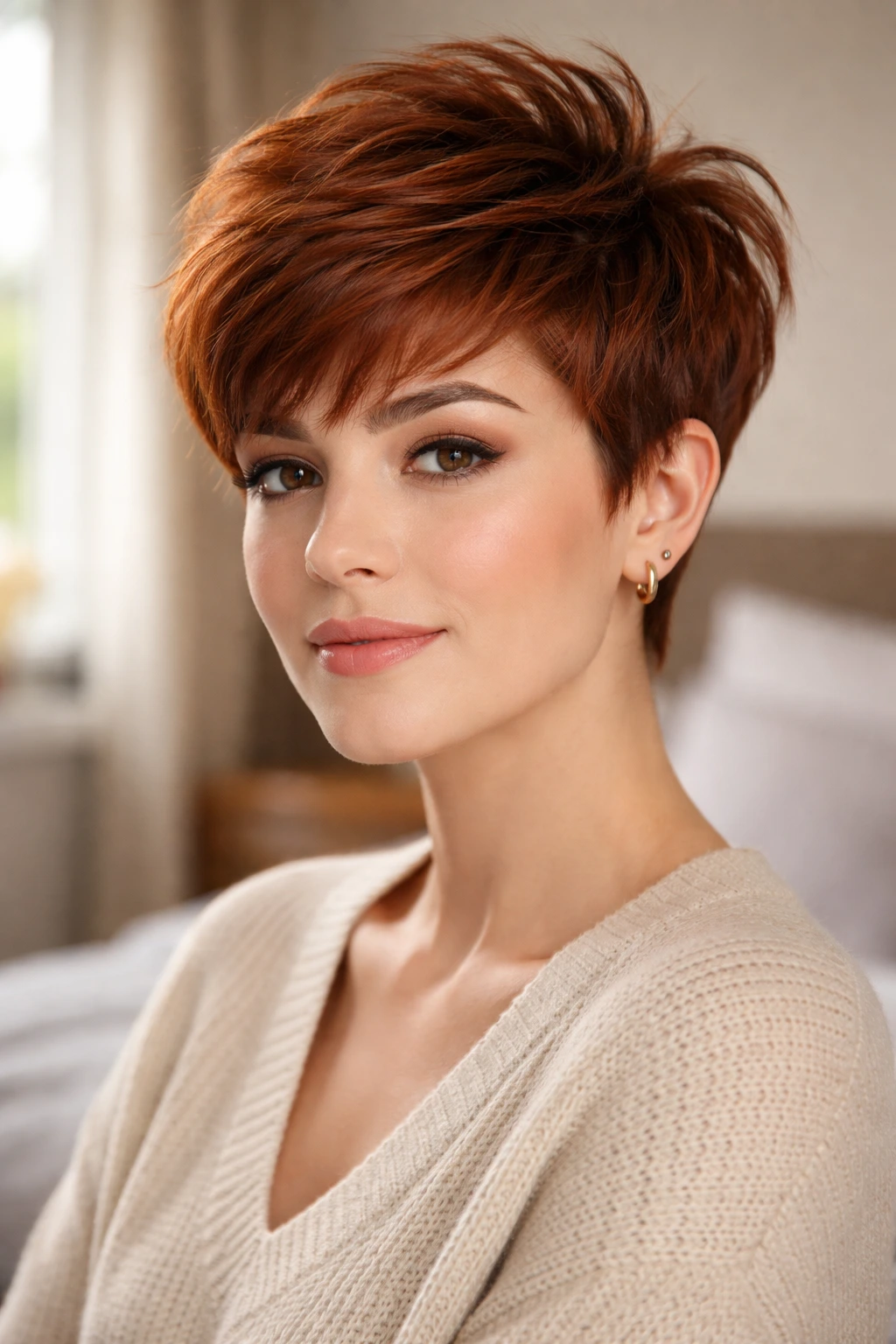Close-up portrait of a real woman with ginger auburn pixie tones and textured top in window light