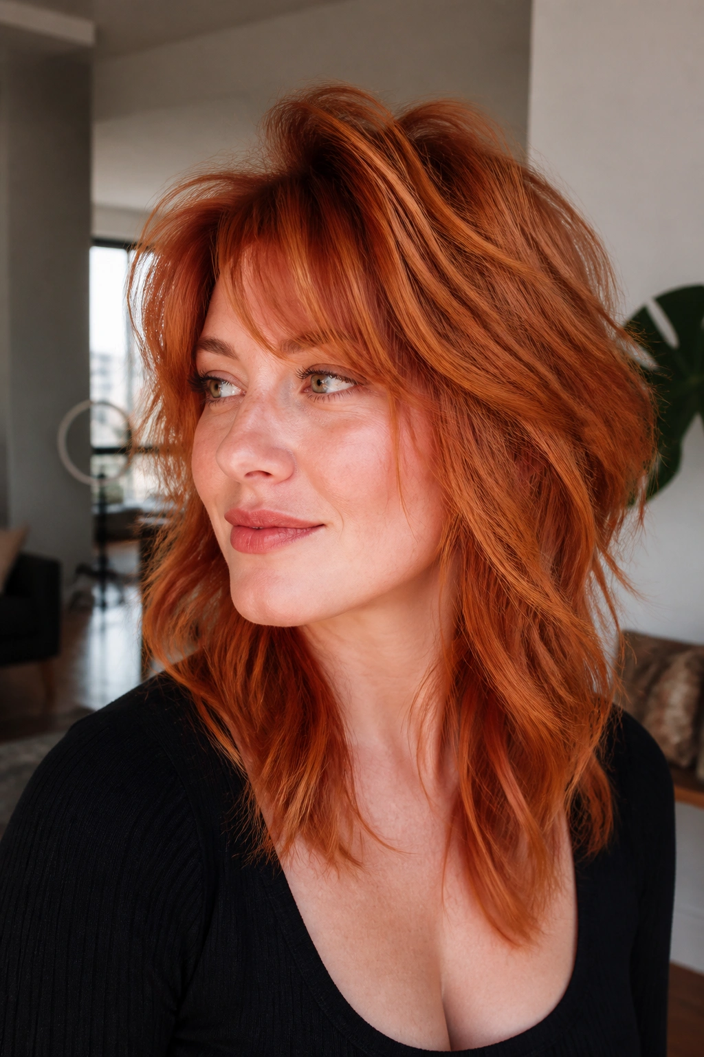 Portrait of a real woman with ginger auburn shag showing lifted crown