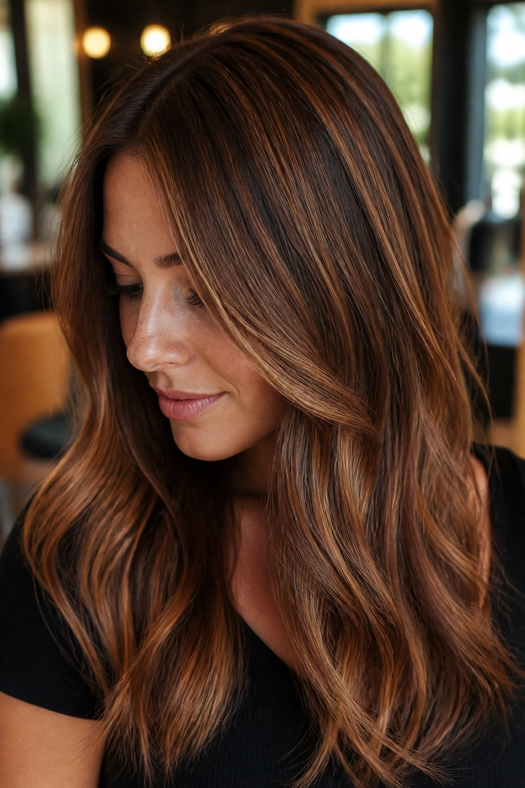 Close-up of a real woman with chestnut brown hair and fine ginger babylights as the focal point
