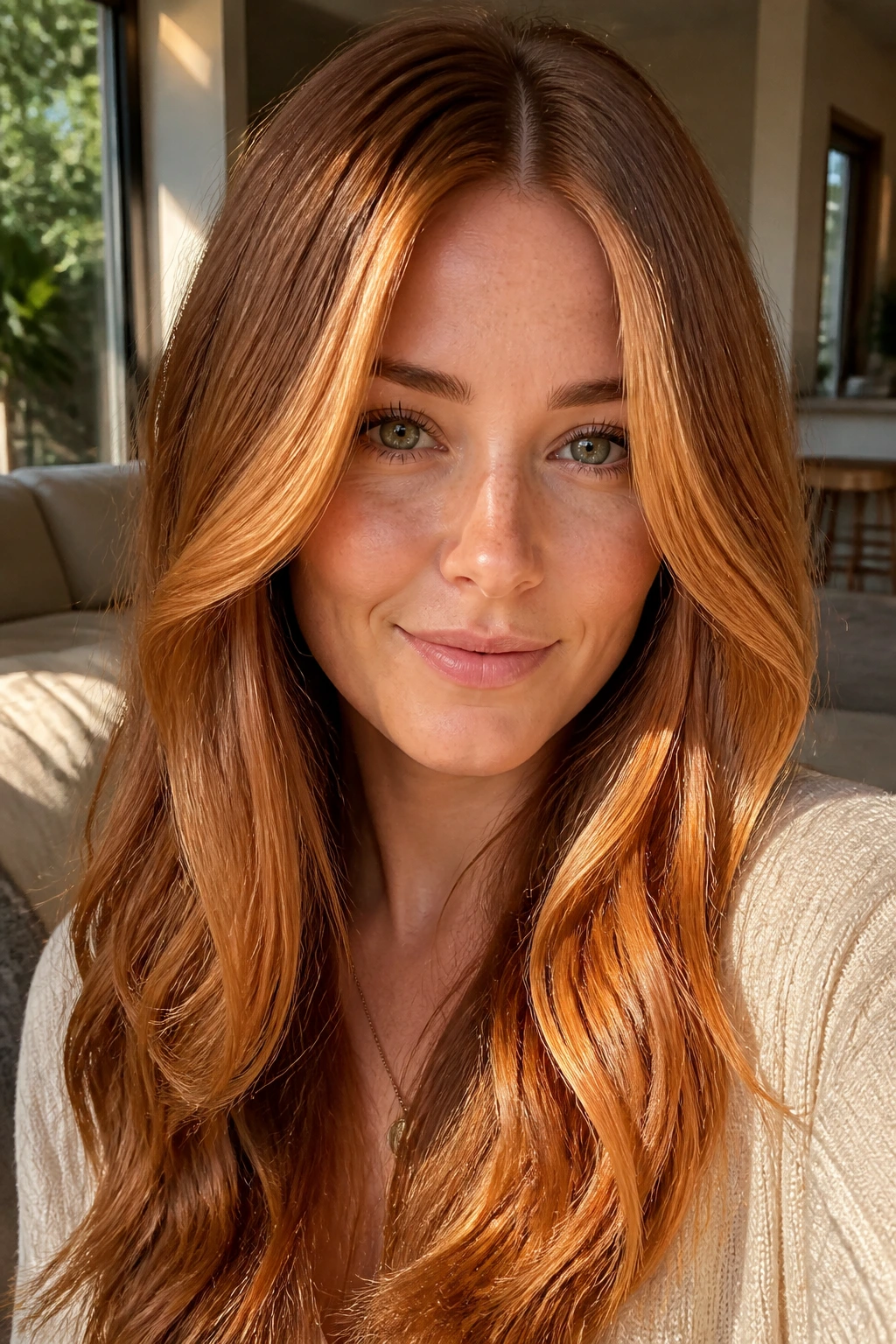 Close-up portrait of a woman with ginger babylights framing her face in warm window light