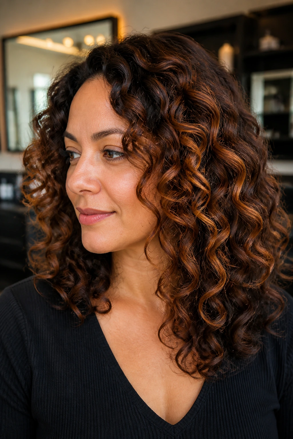Close-up of curly brown hair with ginger balayage on outer curls.