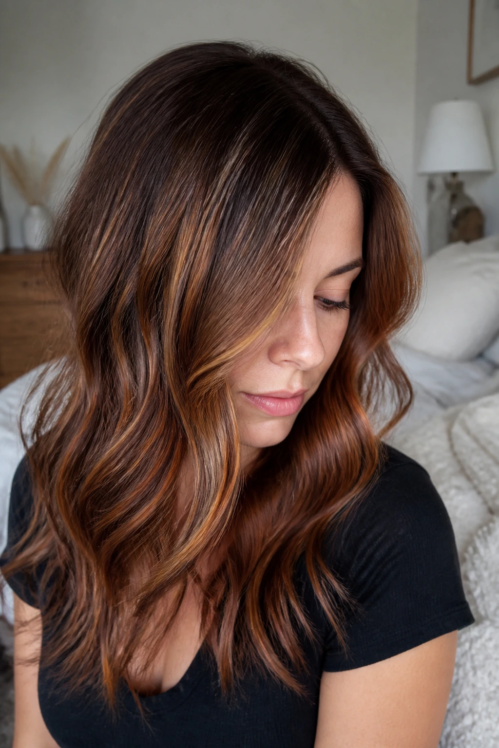 Close-up of a real person with airy ginger balayage on fine hair in a soft-lit room